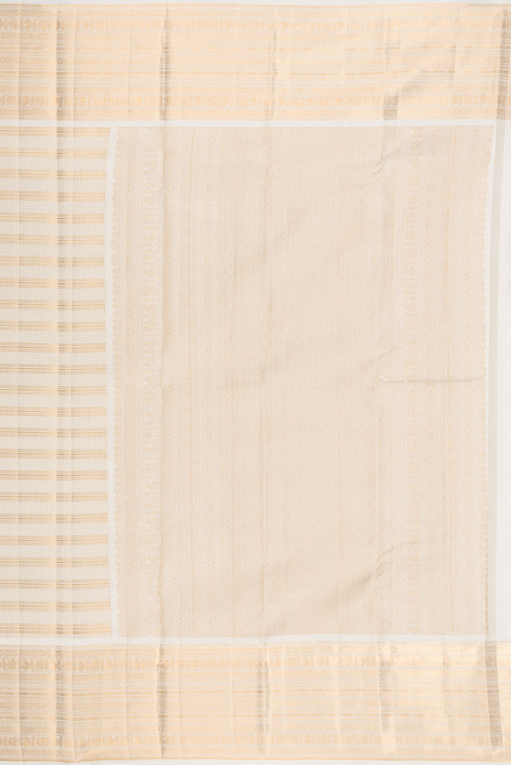 Close up image of the pallu of Cream Kanjivaram Silk Saree with Stripes on the body and Zari Border. 