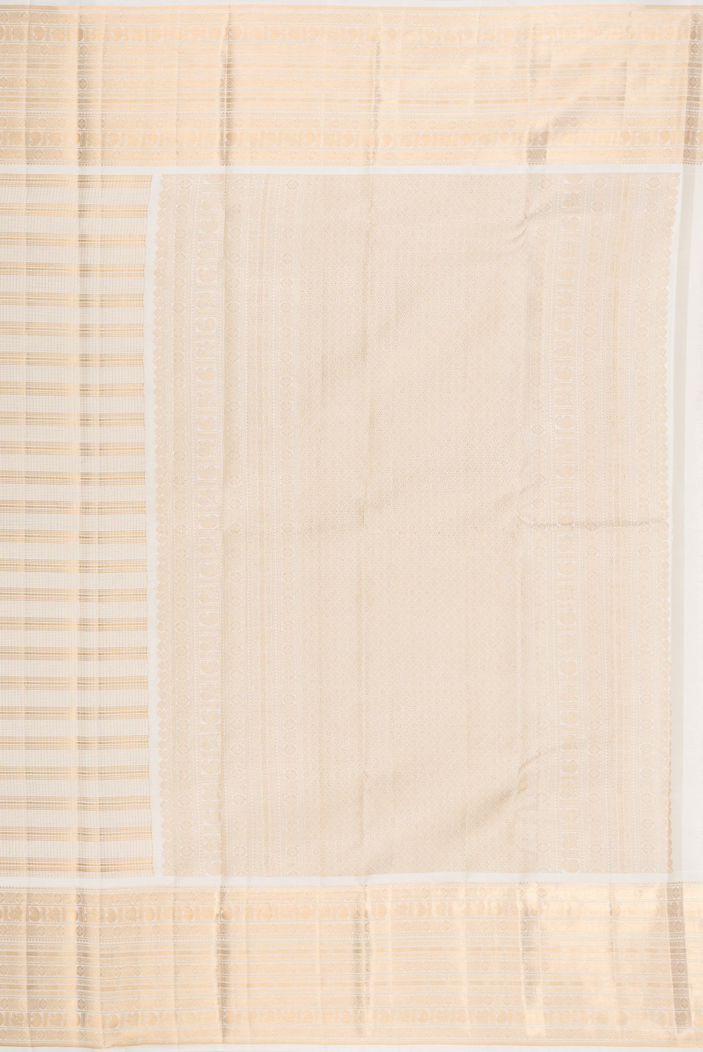 Close up image of the pallu of Cream Kanjivaram Silk Saree with Stripes on the body and Zari Border. 