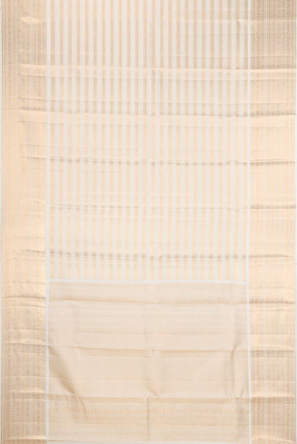 Flat view of Cream Kanjivaram Silk Saree with Stripes on the body and Zari Border. 