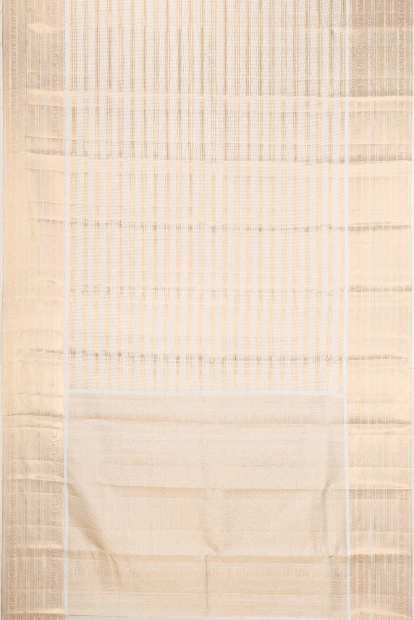 Flat view of Cream Kanjivaram Silk Saree with Stripes on the body and Zari Border. 