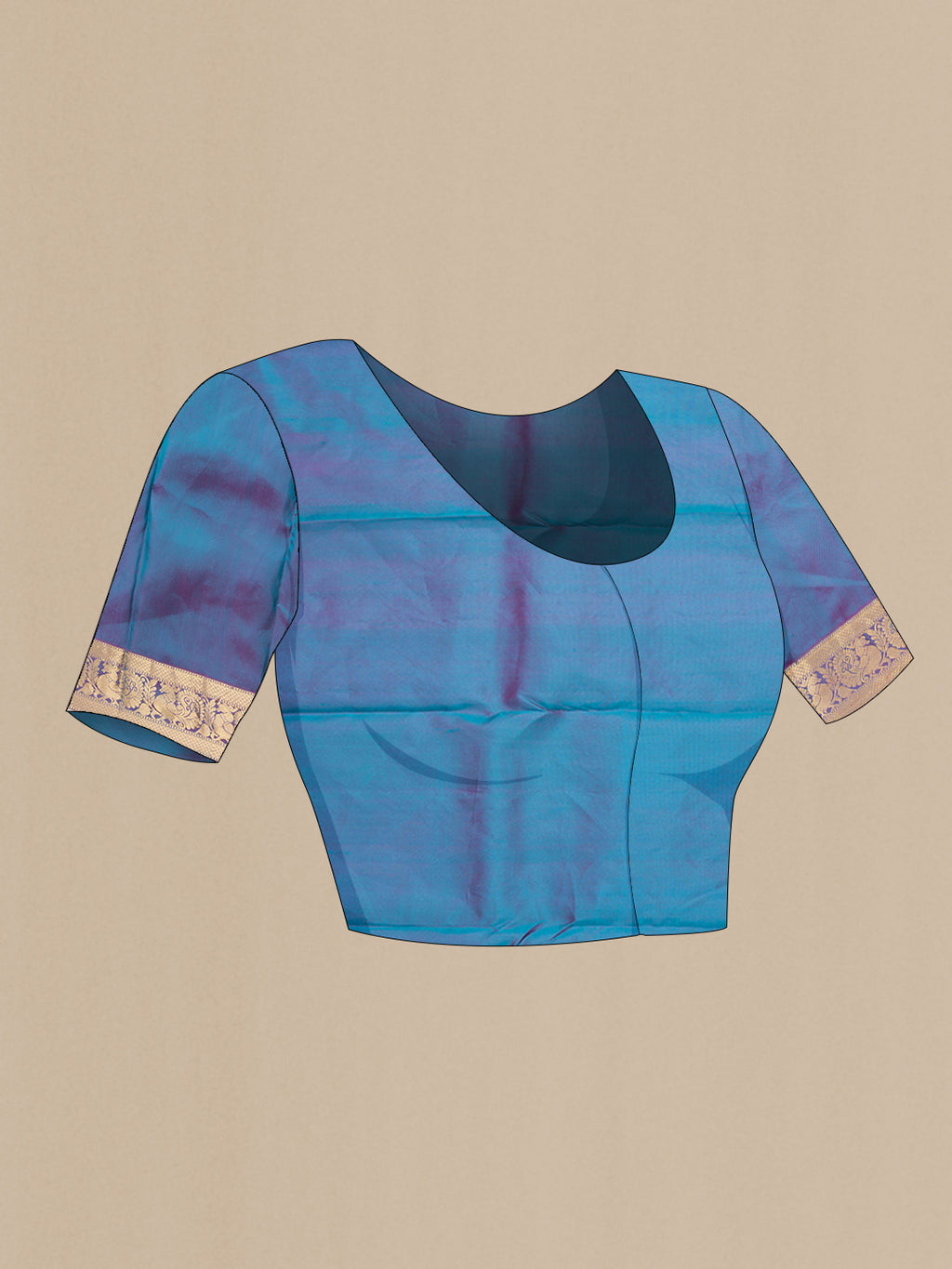 Close up image of the blouse of Peacock Blue Kanjivaram Silk Saree with Plain Body and Zari Border. 