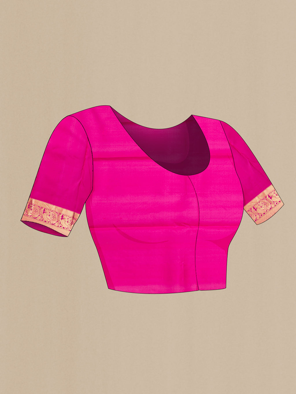 Close up image of the blouse of Pure Silk Coral Dual Tone Kanjivaram Saree with Plain Body and Zari Border. 