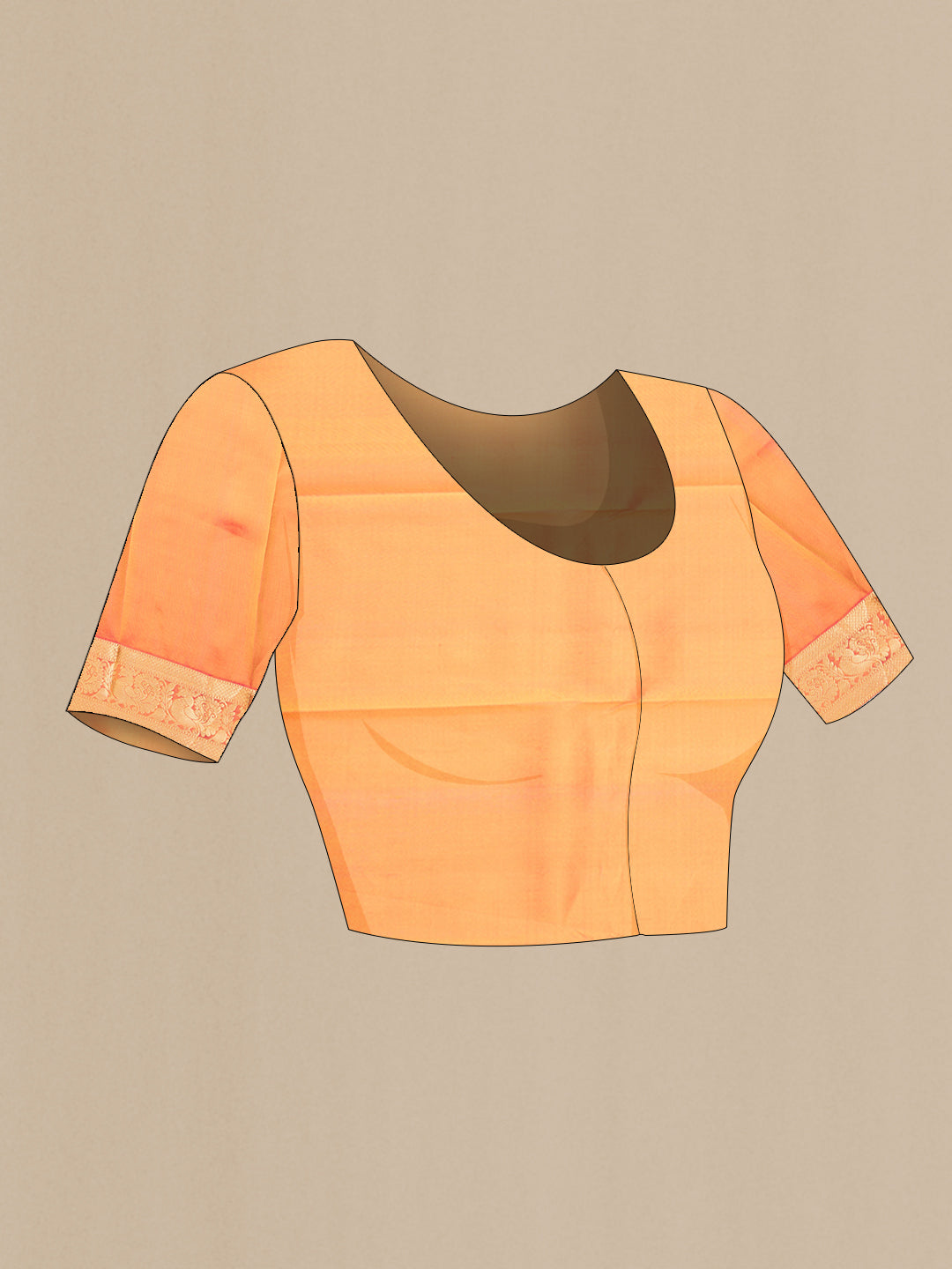 Close up image of the blouse of Pure Silk Yellow Kanjivaram Saree with Plain Body and Zari Border. 