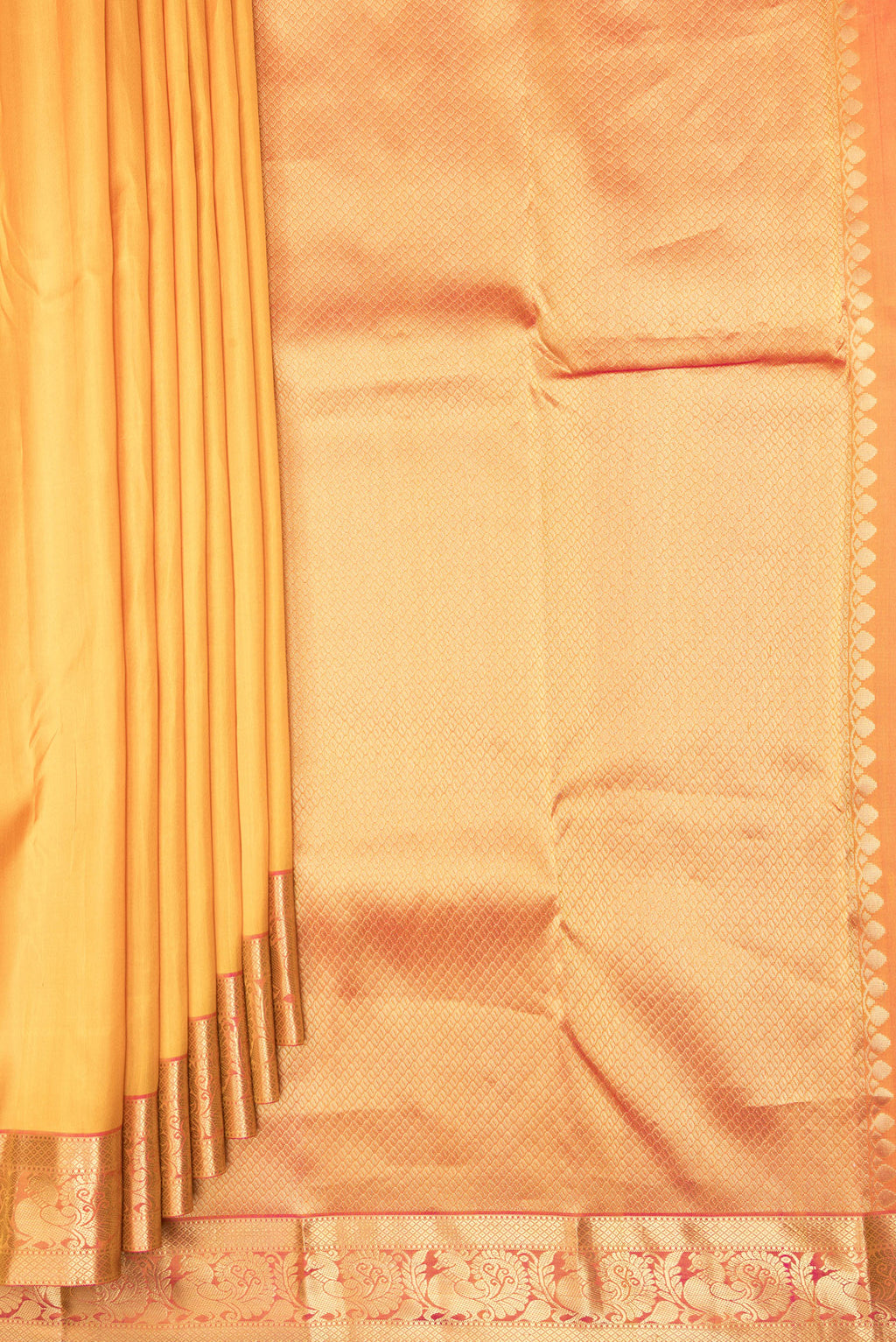 Pleats and pallu of Pure Silk Yellow Kanjivaram Saree with Plain Body and Zari Border. 