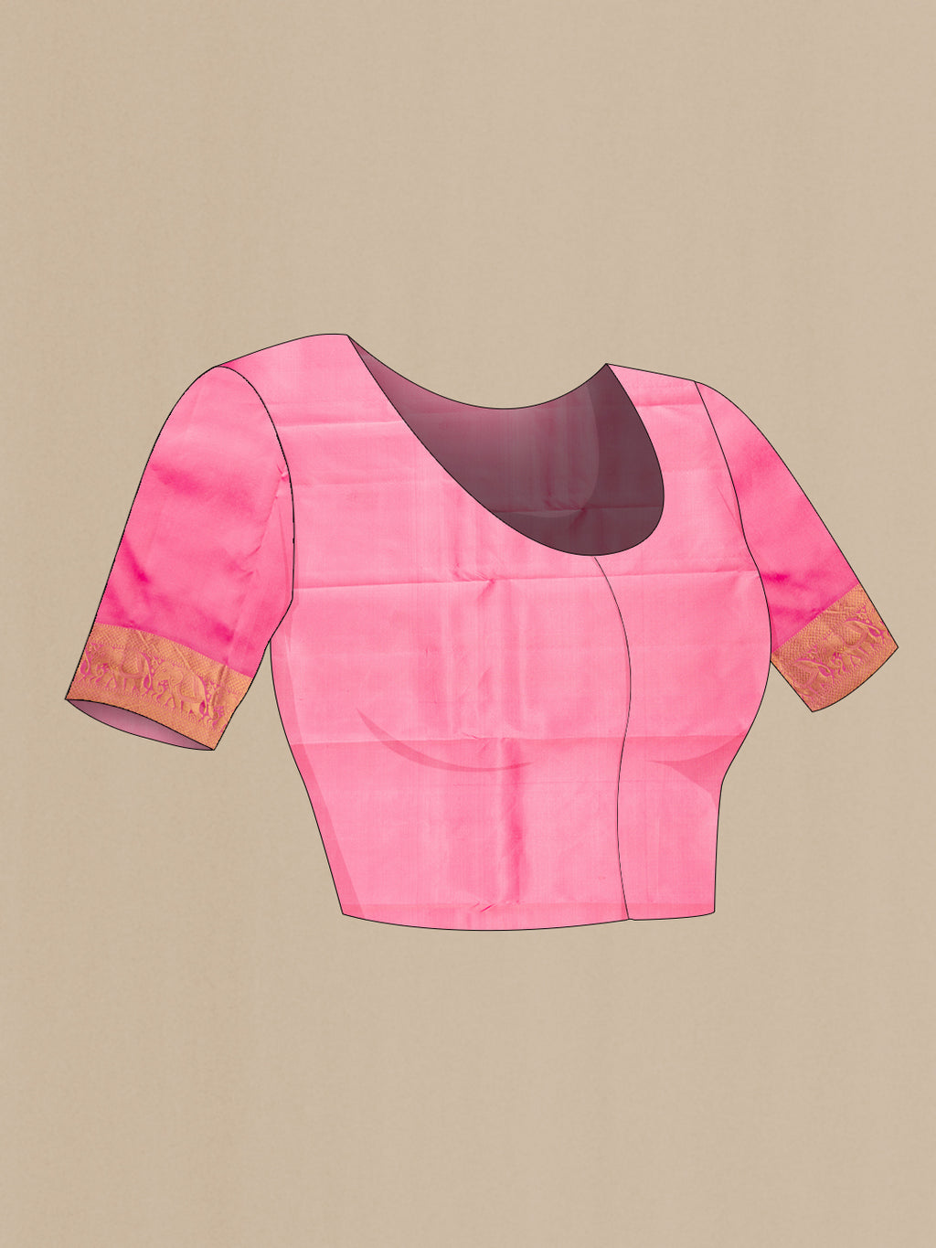 Close up image of the blouse of Rose pink Kanjivaram Silk Saree with Plain Body and Zari Border. 