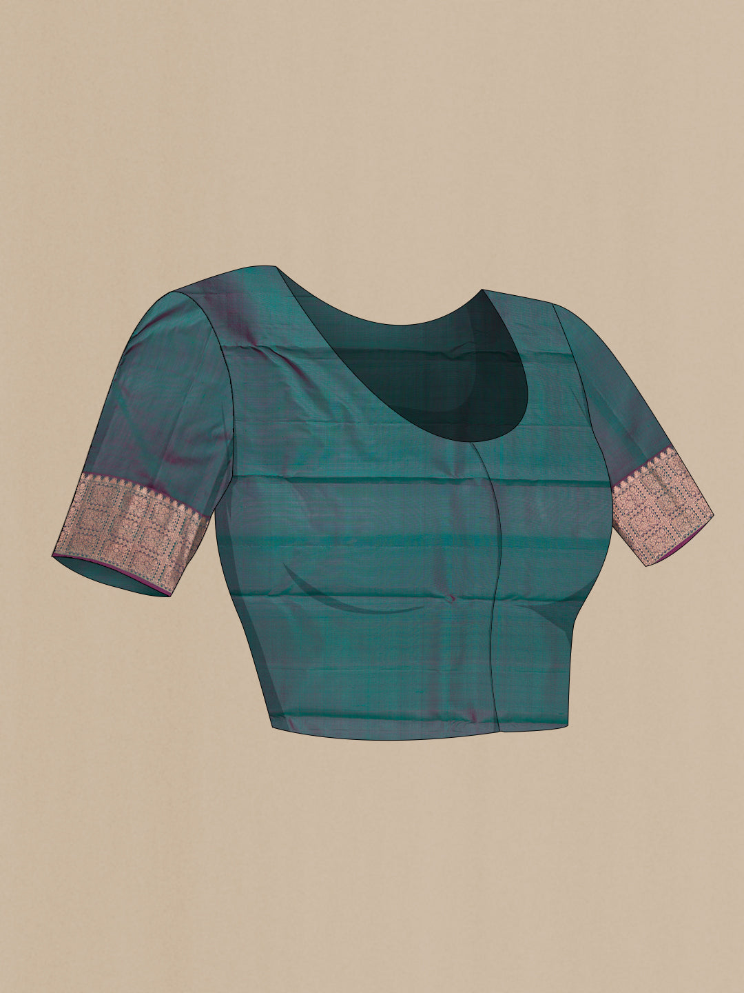 Close up image of the blouse of Bottle Green Dual Tone Kanchipuram Silk Saree with Veldhari on the body and Zari Border. 
