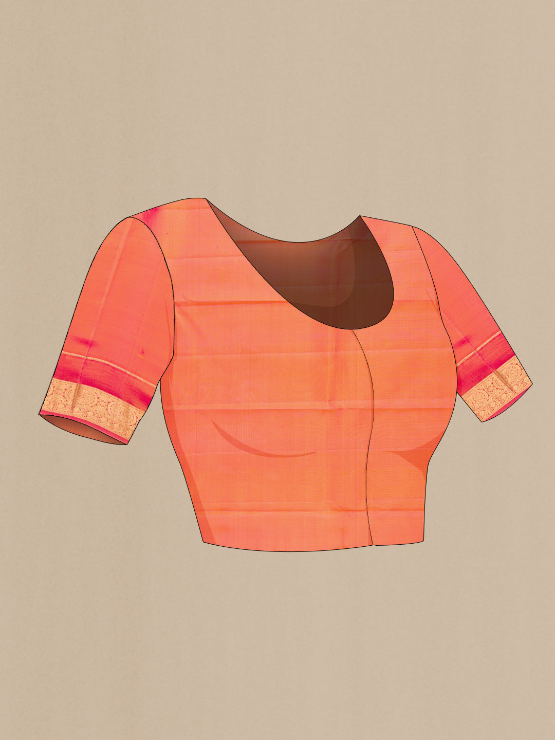 Close up image of the blouse of Mustard Dual Tone Kanchipuram Silk Saree with Zari Butta on the body and Zari Border. 