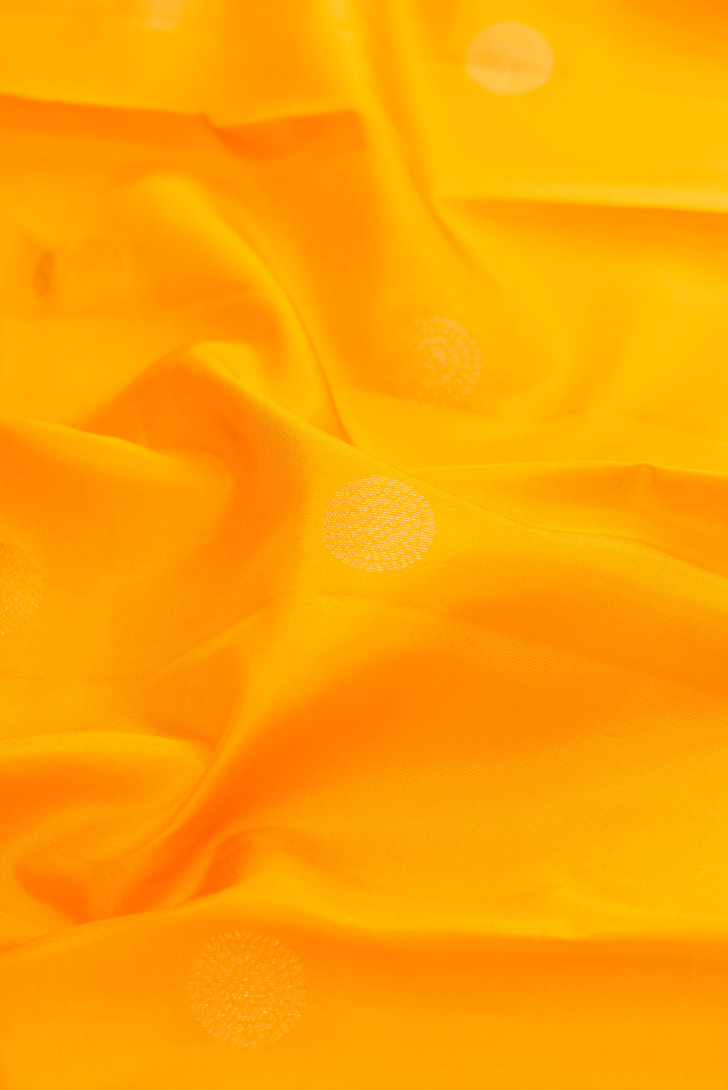 Close up of Mustard Dual Tone Kanchipuram Silk Saree with Zari Butta on the body and Zari Border.  displaying folds