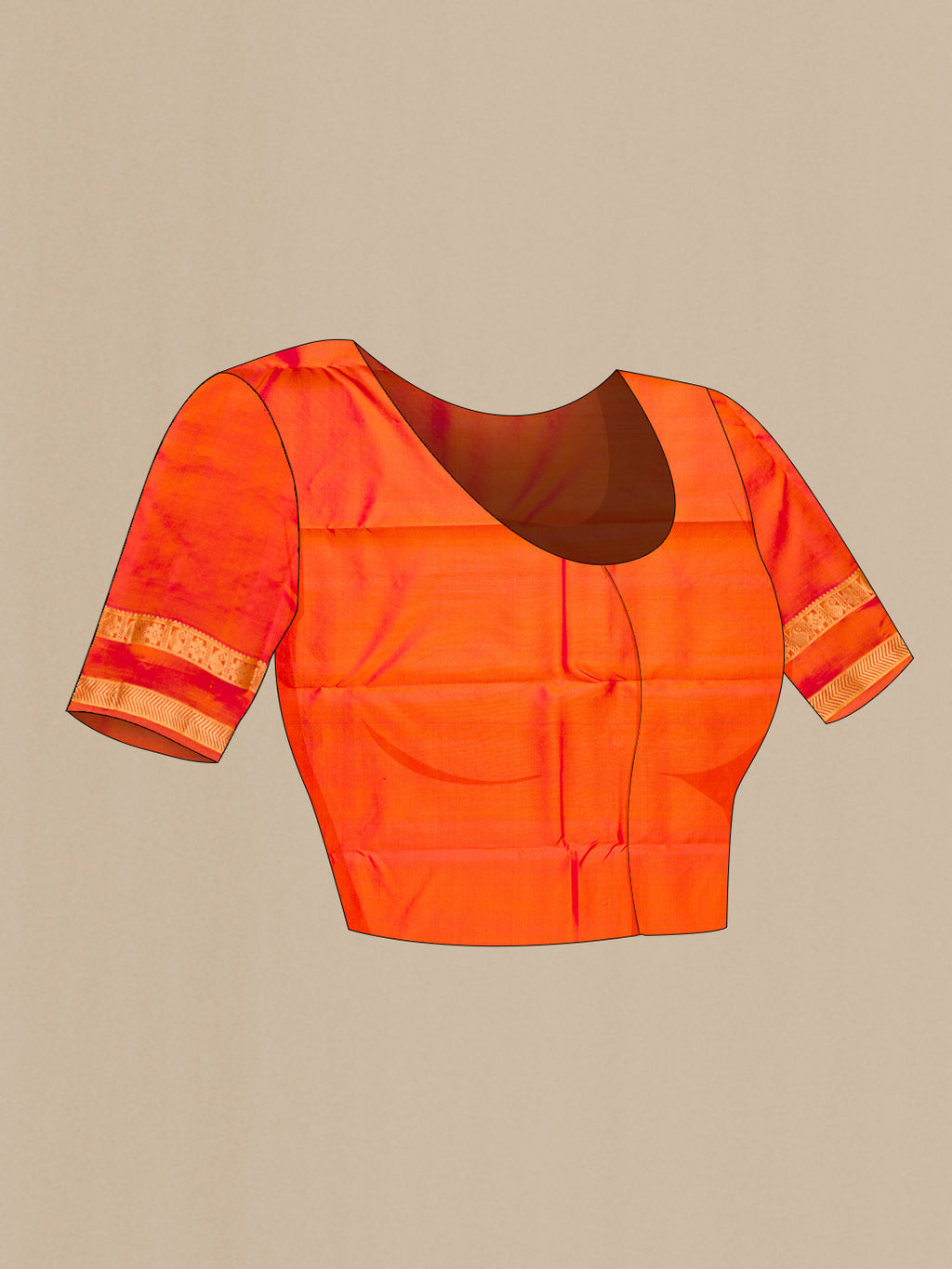 Close up image of the blouse of Mustard Kanchipuram Silk Saree with Zari Butta on the body and Zari Border. 