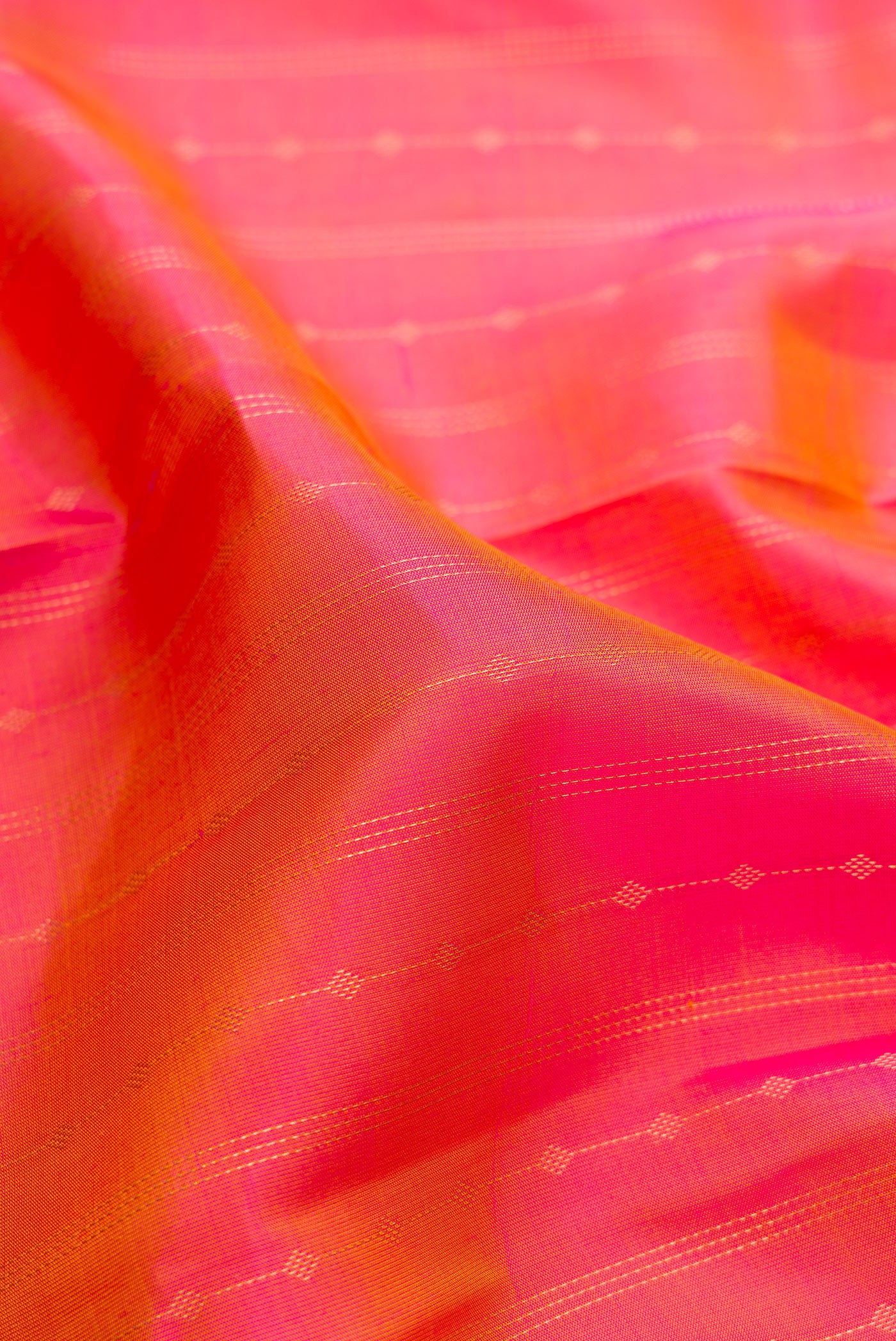 Close up of Pink Dual Tone Kanchipuram Silk Saree with Stripes on the body and Plain Border.  displaying folds