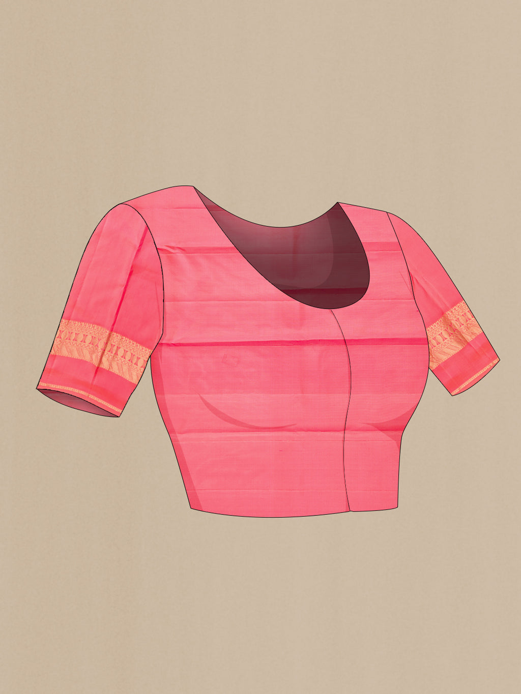 Close up image of the blouse of Dark Pink Kanchipuram Silk Saree with Zari Butta on the body and Zari Border. 