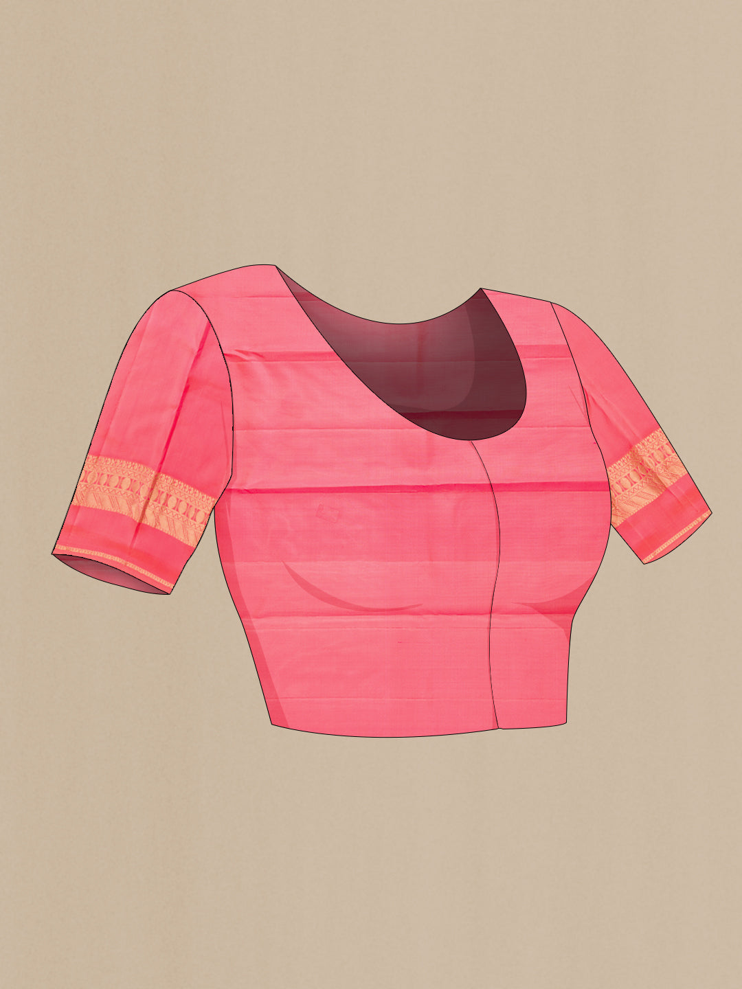 Close up image of the blouse of Dark Pink Kanchipuram Silk Saree with Zari Butta on the body and Zari Border. 