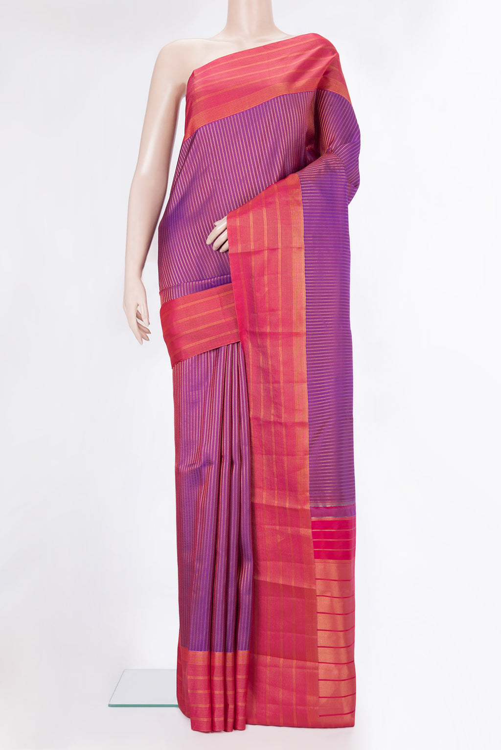 Pure Silk Purple Kanchipuram Saree with Stripes on the body and Zari Border.  displayed on a mannequin