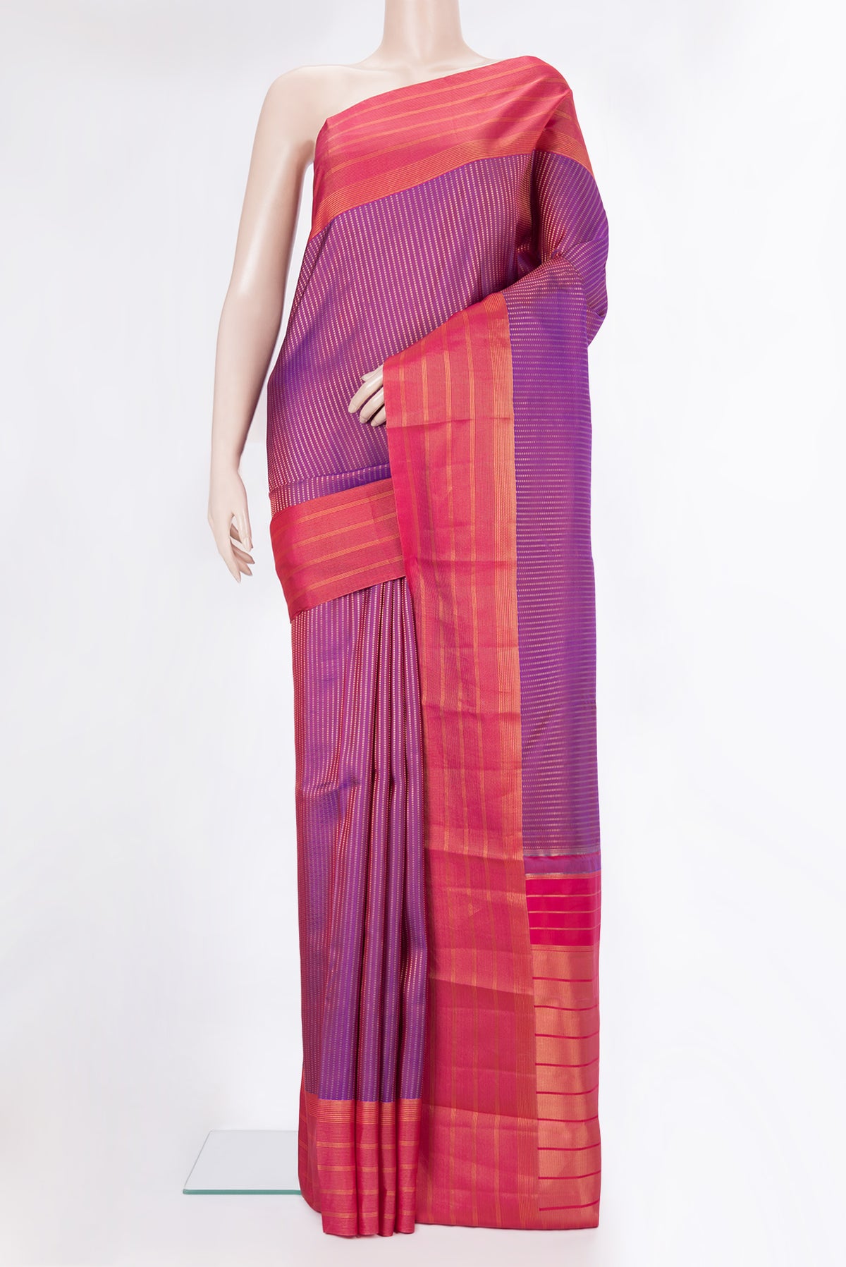 Pure Silk Purple Kanchipuram Saree with Stripes on the body and Zari Border.  displayed on a mannequin
