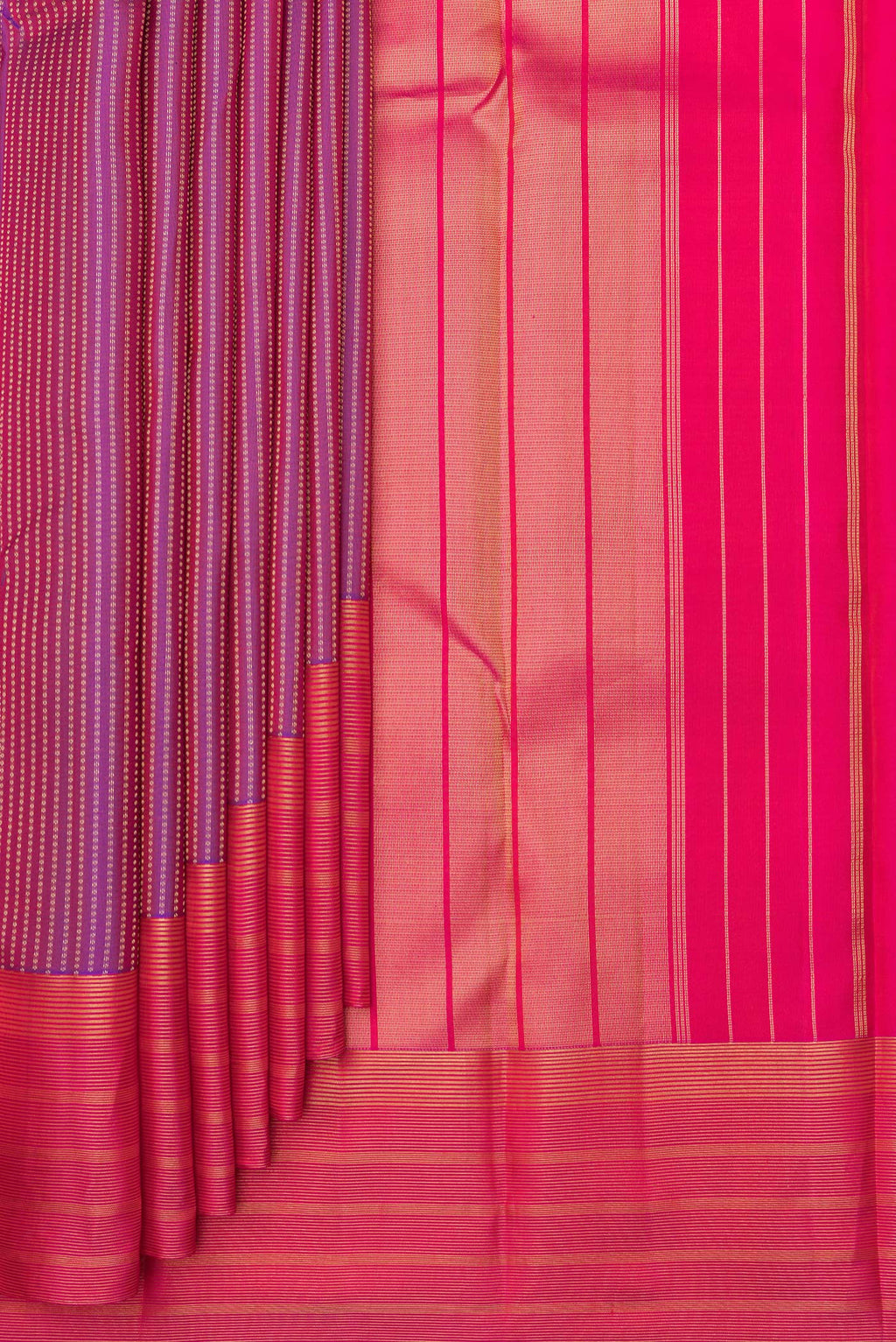 Pleats and pallu of Pure Silk Purple Kanchipuram Saree with Stripes on the body and Zari Border. 