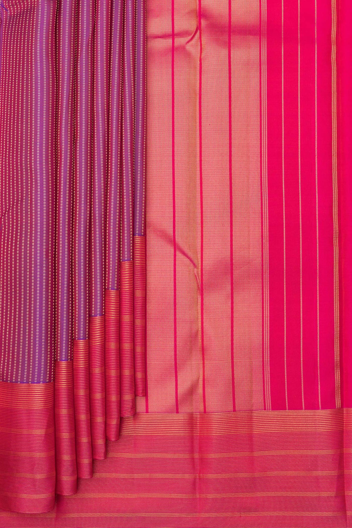 Pleats and pallu of Pure Silk Purple Kanchipuram Saree with Stripes on the body and Zari Border. 
