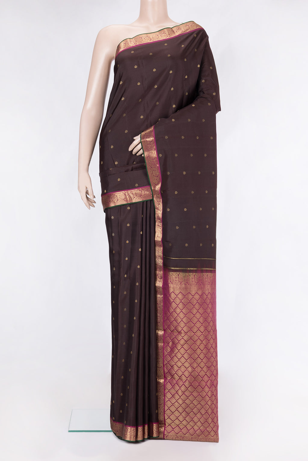 Coffee Brown Kanchipuram Silk Saree with Zari Butta on the body and Zari Border.  displayed on a mannequin