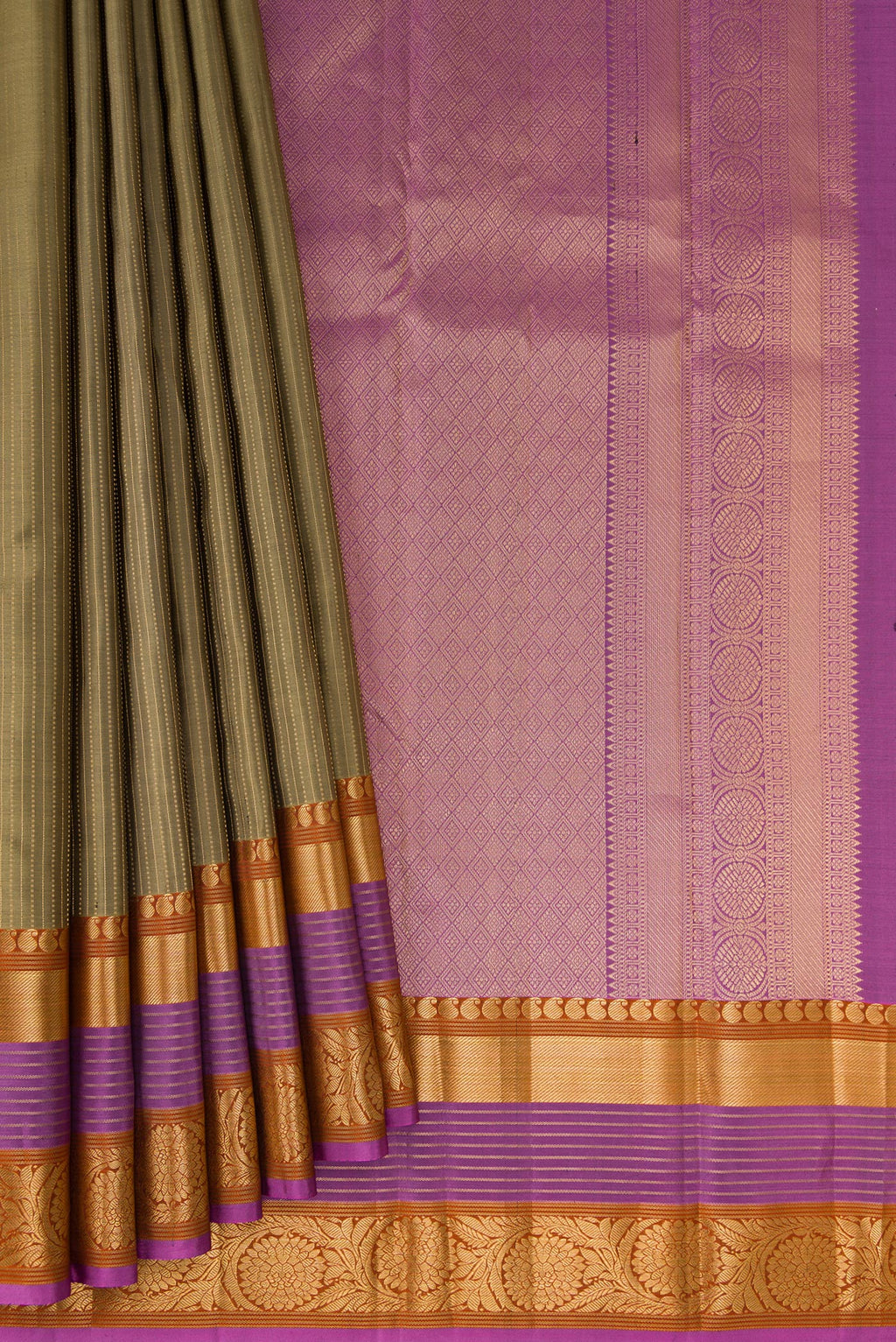 Pleats and pallu of Mehandi Green Kanjivaram Silk Saree with Stripes on the body and Zari Border. 