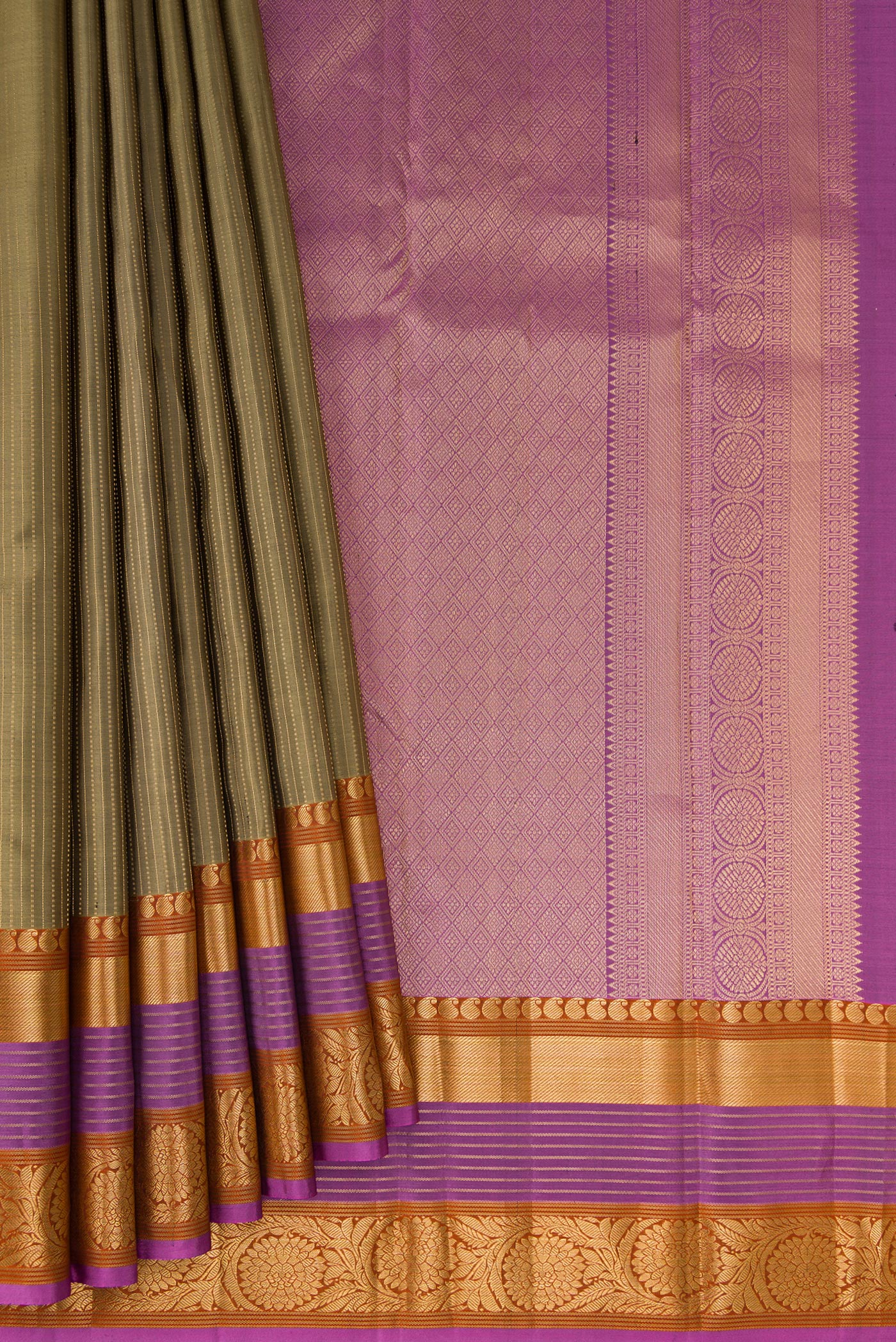 Pleats and pallu of Mehandi Green Kanjivaram Silk Saree with Stripes on the body and Zari Border. 