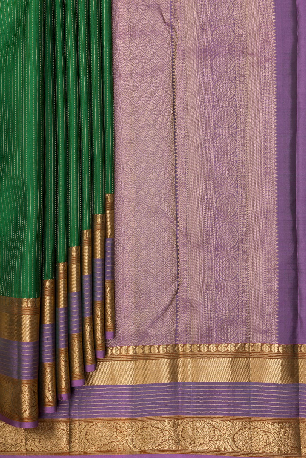Pleats and pallu of Bottle Green Kanjivaram Silk Saree with Stripes on the body and Zari Border. 
