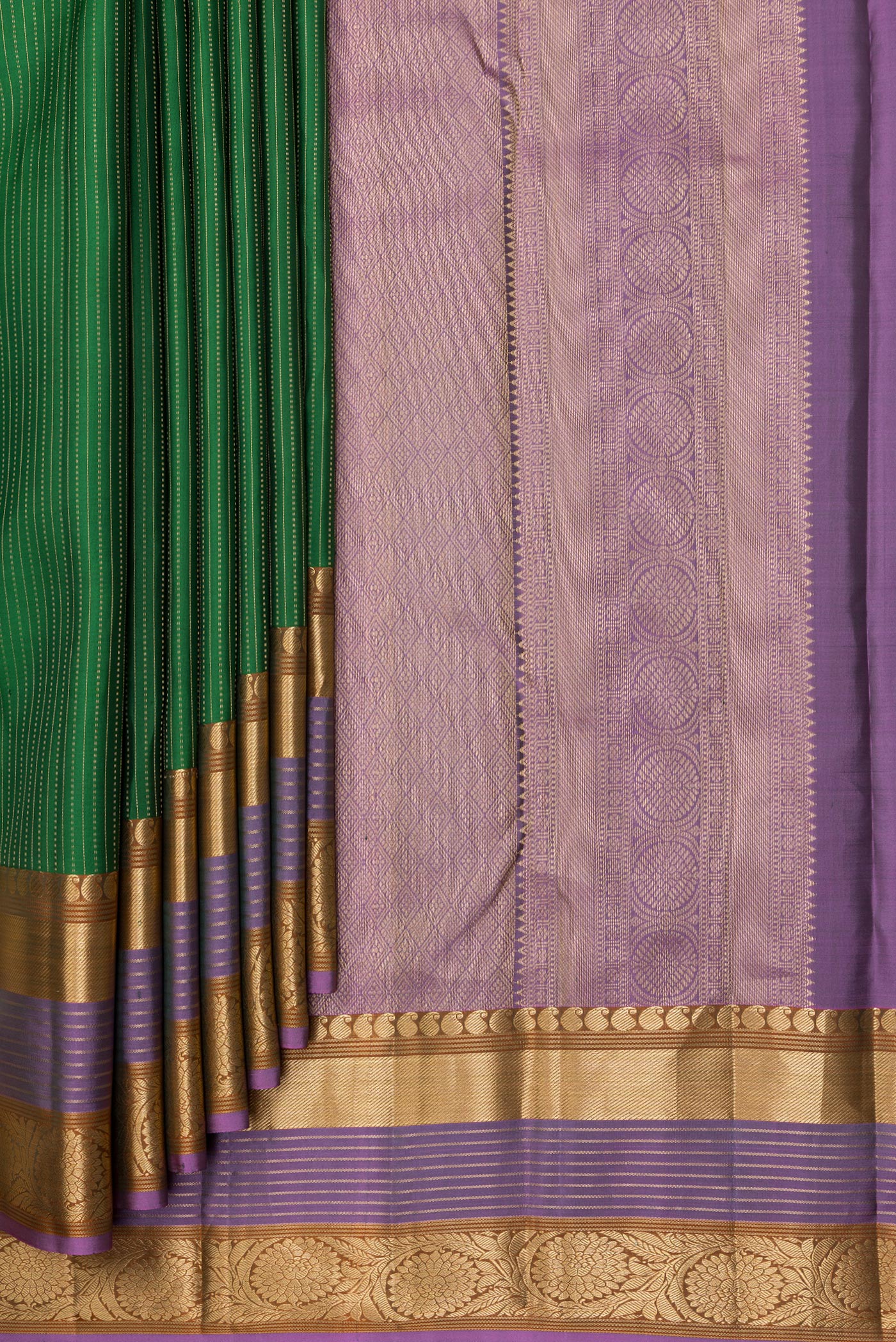 Pleats and pallu of Bottle Green Kanjivaram Silk Saree with Stripes on the body and Zari Border. 