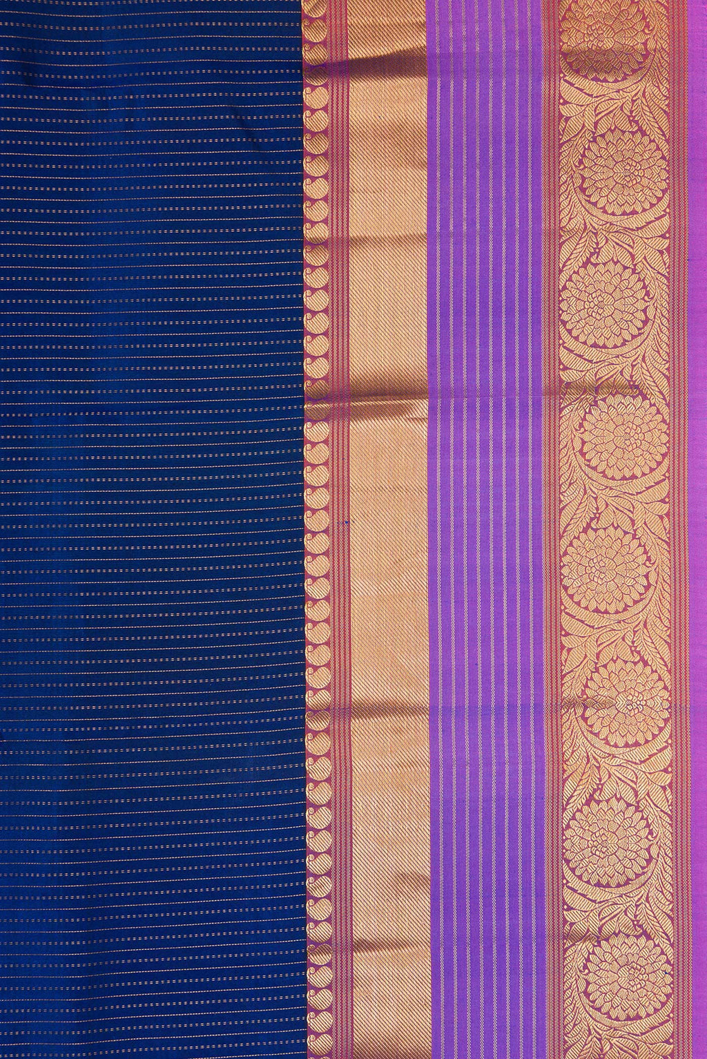 Border image of Navy Blue Dual Tone Kanjivaram Silk Saree with Stripes on the body and Fancy Border. 