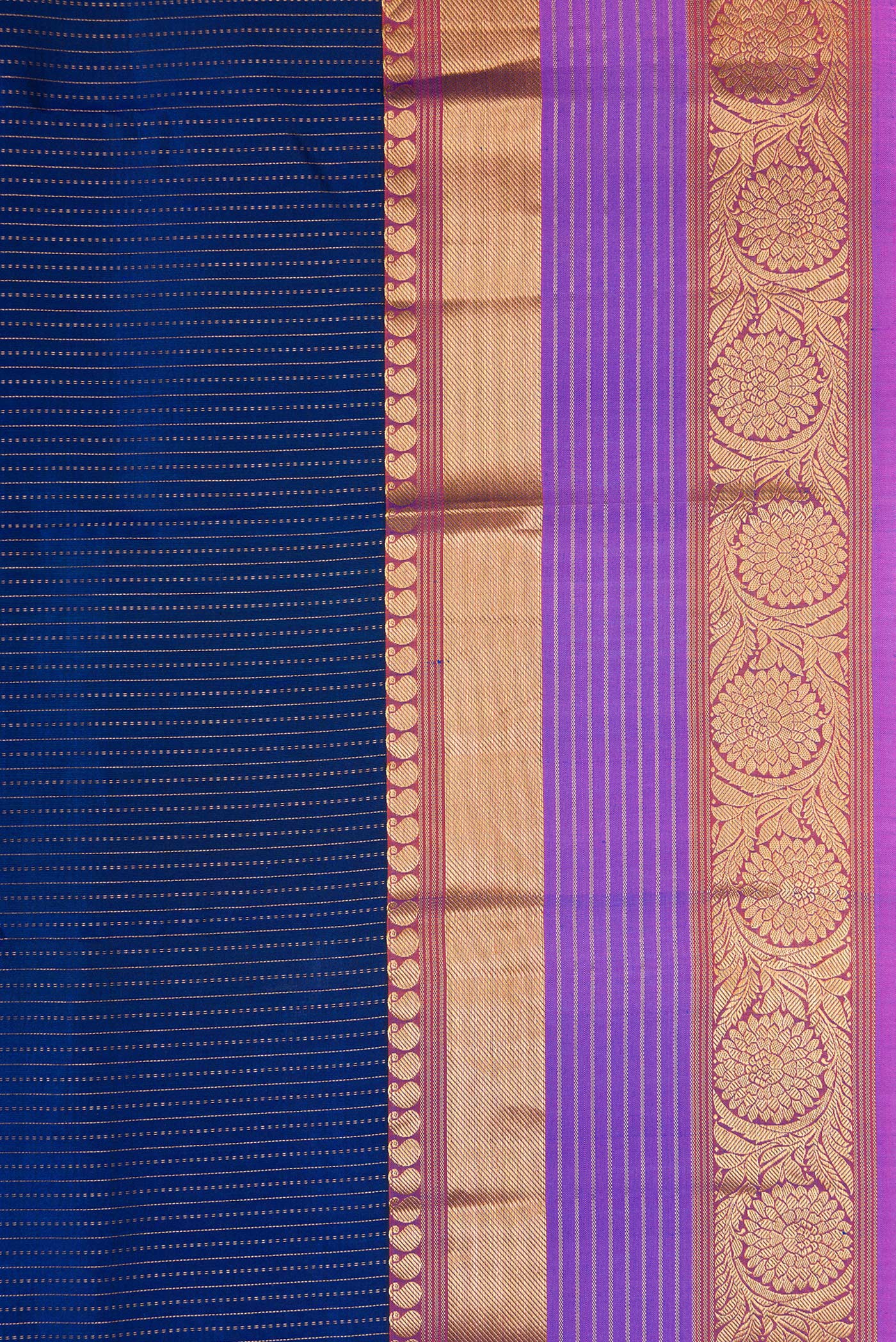 Border image of Navy Blue Dual Tone Kanjivaram Silk Saree with Stripes on the body and Fancy Border. 