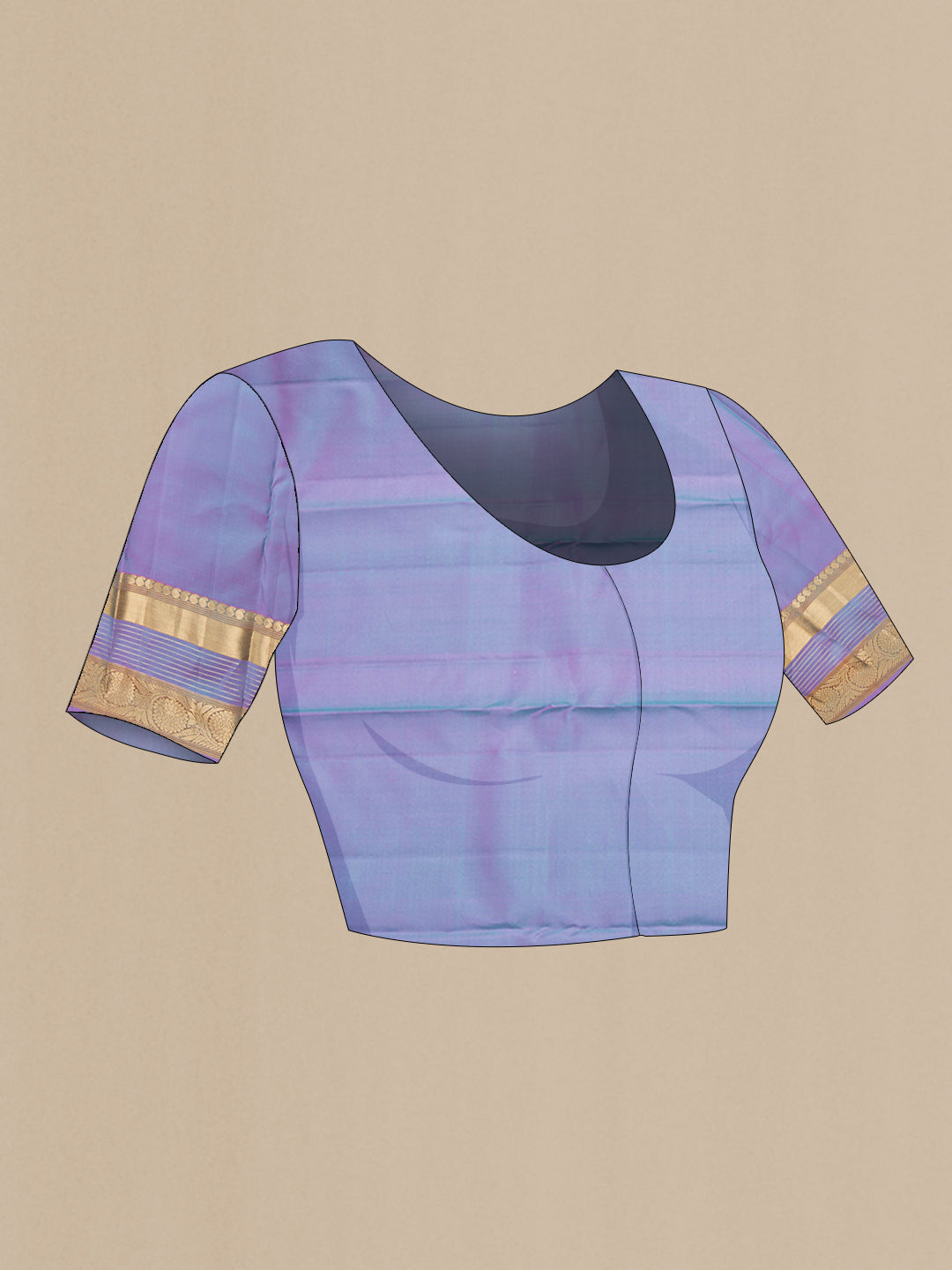 Close up image of the blouse of Sky Blue Kanjivaram Silk Saree with Stripes on the body and Zari Border. 