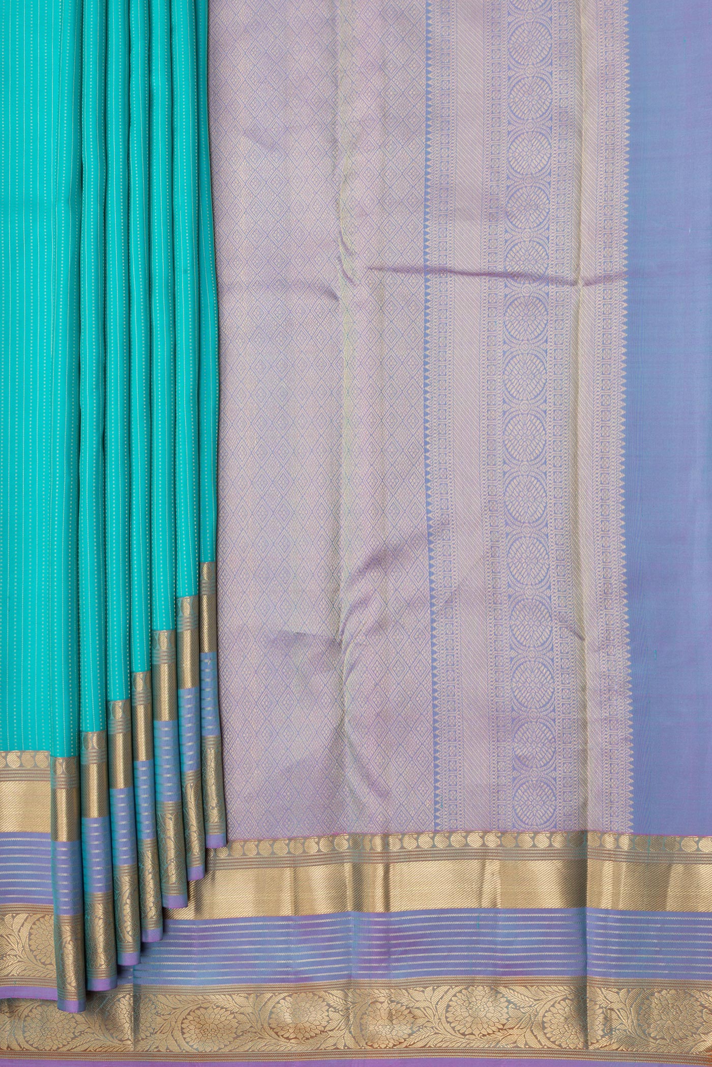 Pleats and pallu of Sky Blue Kanjivaram Silk Saree with Stripes on the body and Zari Border. 
