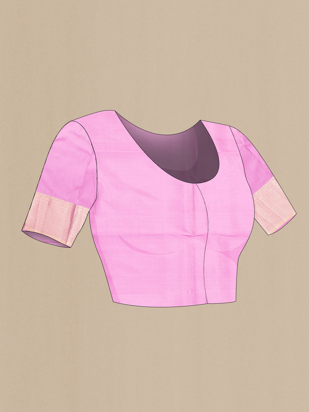 Close up image of the blouse of Pure Silk Rose pink Kanchipuram Saree with Zari Butta on the body and Zari Border. 