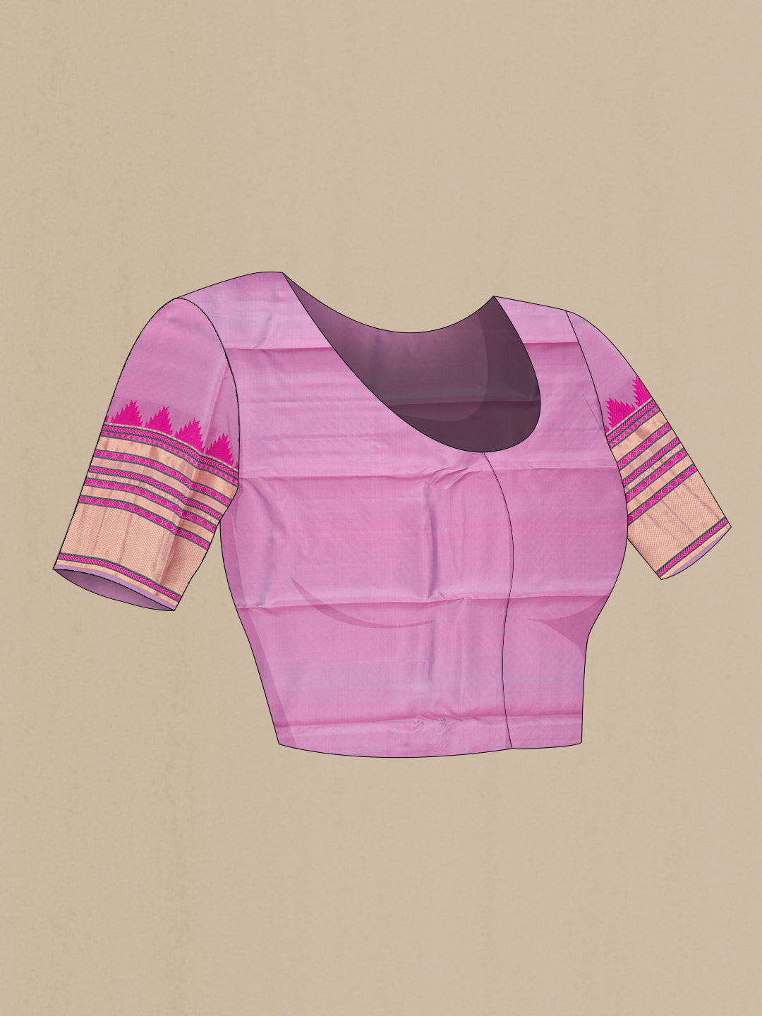Close up image of the blouse of Rose pink Kanchipuram Silk Saree with Plain Body and Temple Border. 
