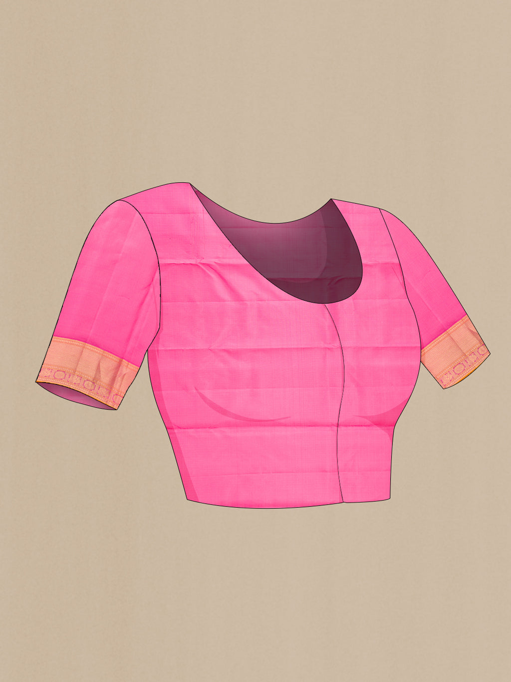 Close up image of the blouse of Rose pink Kanchipuram Silk Saree with Zari Butta on the body and Zari Border. 