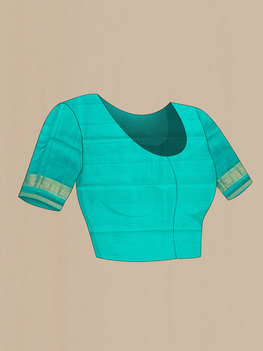 Close up image of the blouse of Mustard Kanchipuram Silk Saree with Stripes on the body and Zari Border. 
