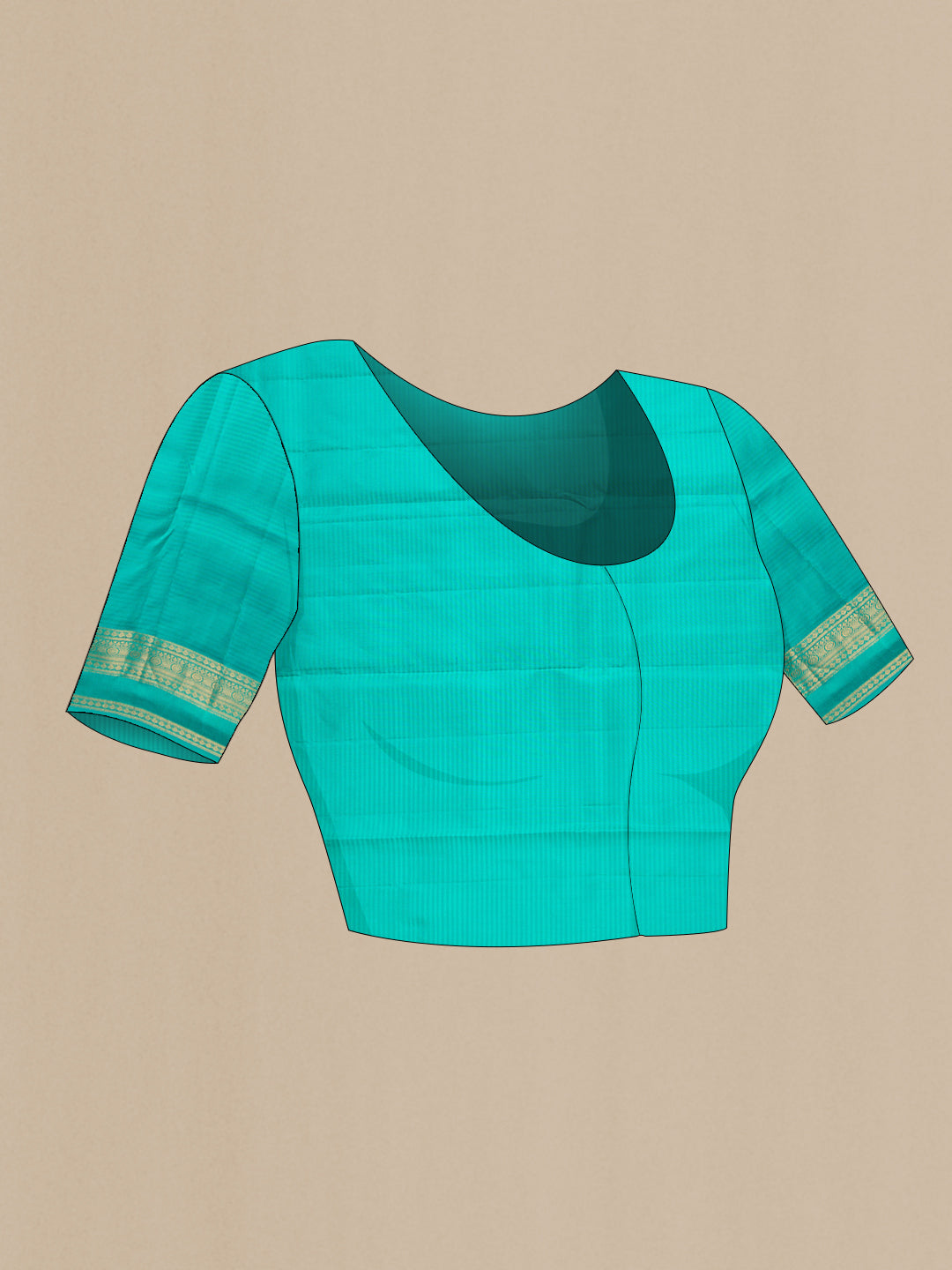 Close up image of the blouse of Mustard Kanchipuram Silk Saree with Stripes on the body and Zari Border. 