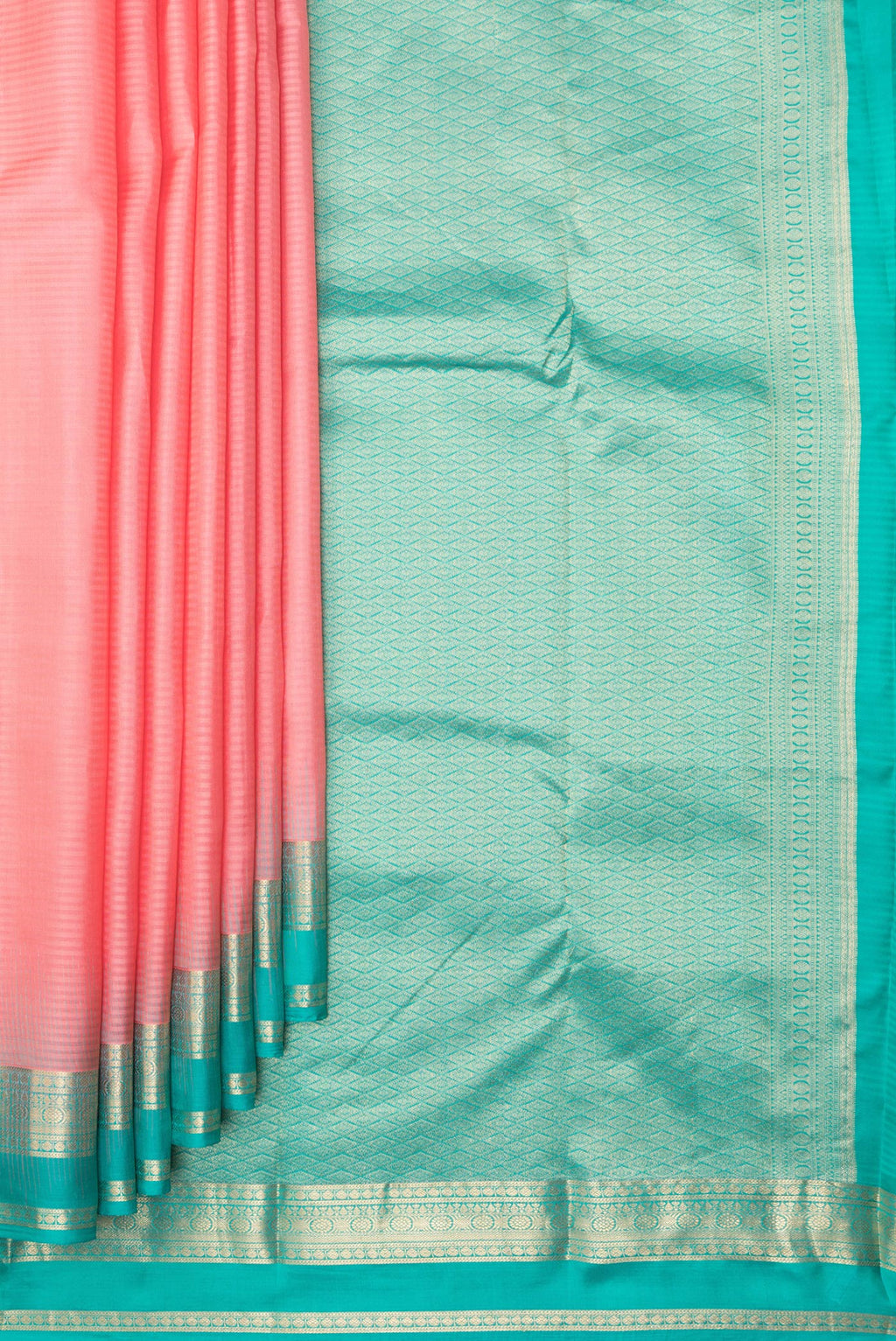 Pleats and pallu of Pure Silk Peach Kanchipuram Saree with Stripes on the body and Zari Border. 