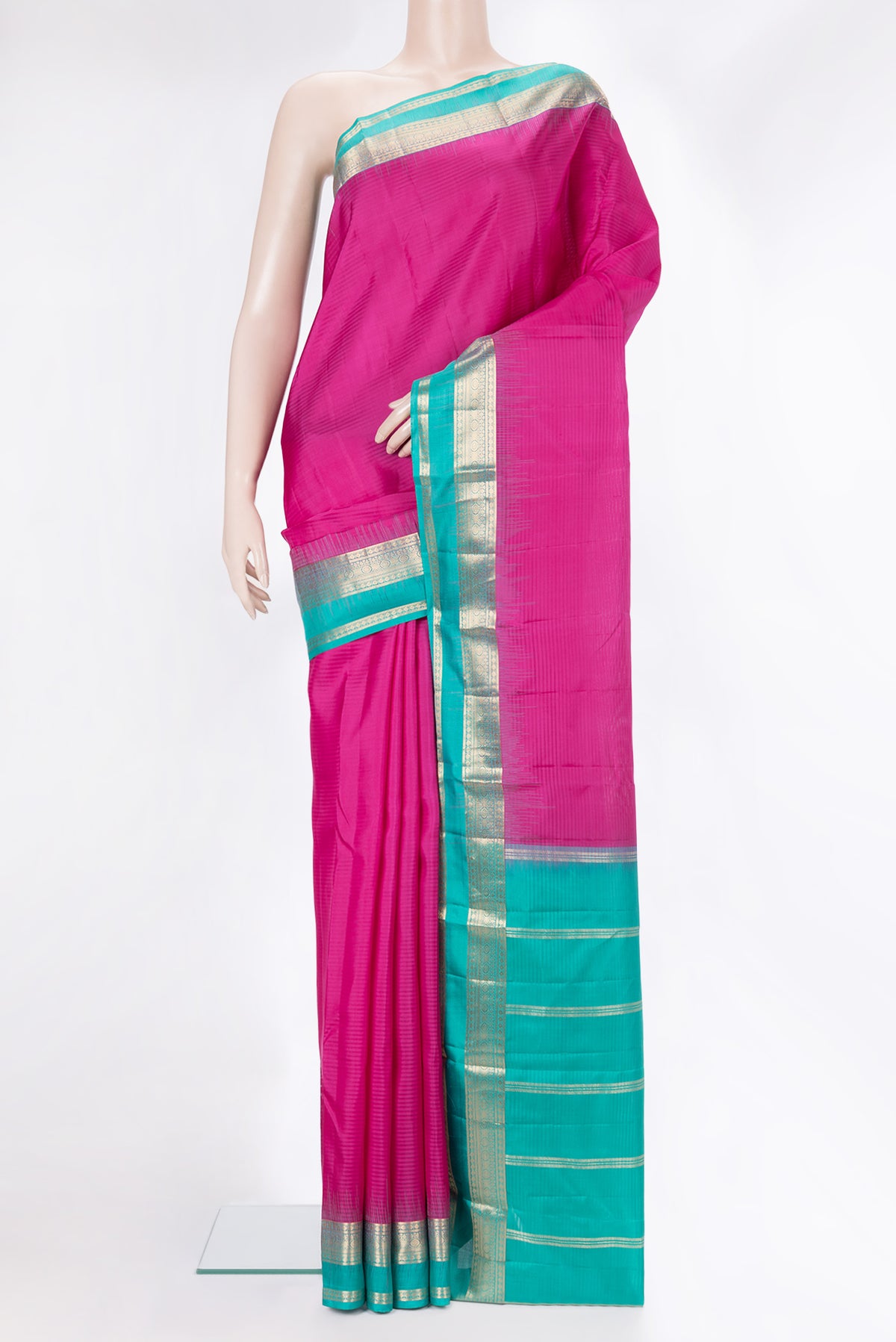 Pure Silk Pink Kanchipuram Saree with Stripes on the body and Fancy Border.  displayed on a mannequin