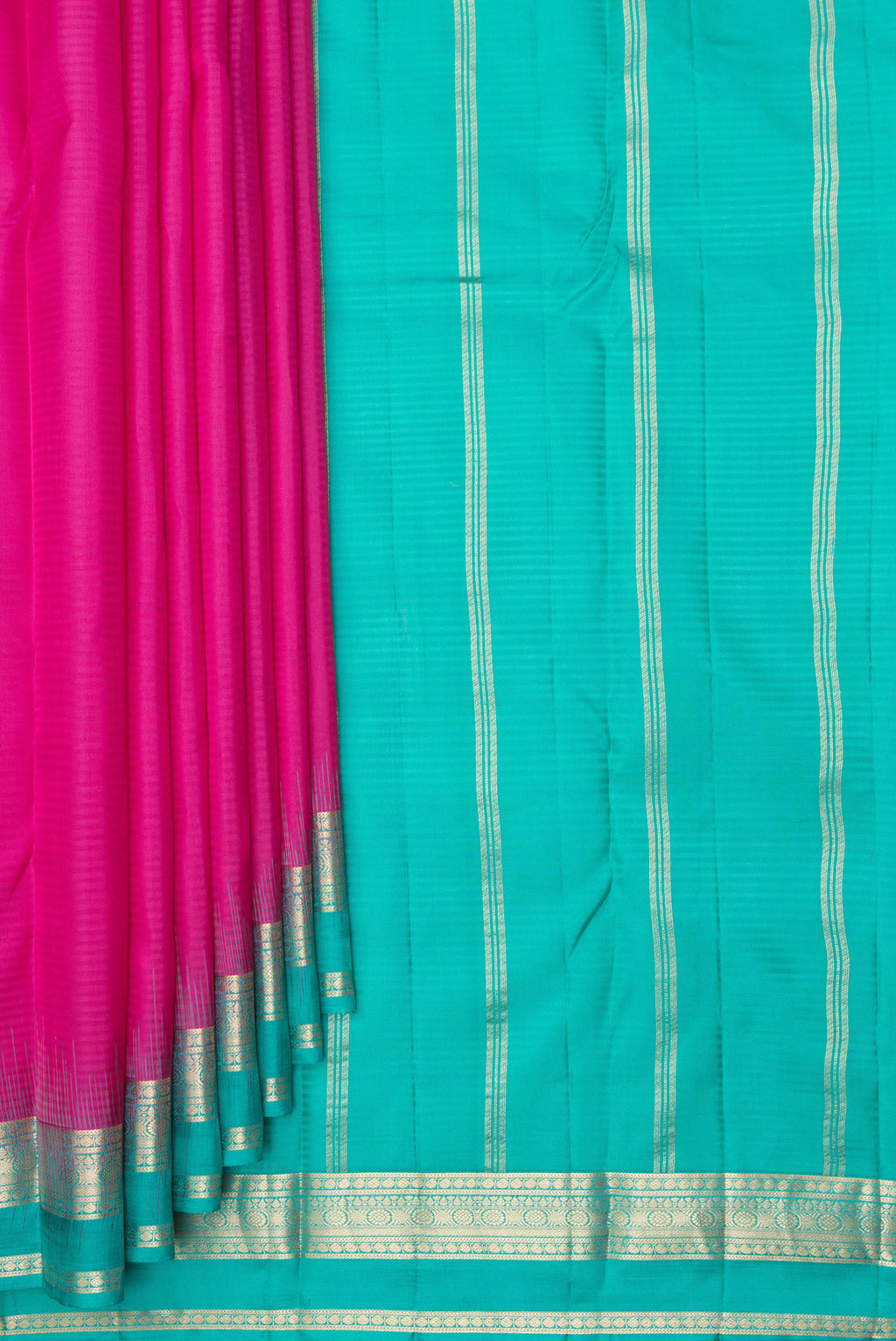 Pleats and pallu of Pure Silk Pink Kanchipuram Saree with Stripes on the body and Fancy Border. 