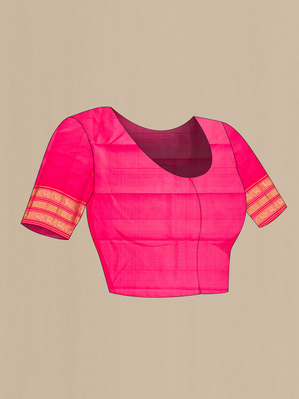 Close up image of the blouse of Rose pink Kanchipuram Silk Saree with Zari Butta on the body and Zari Border. 