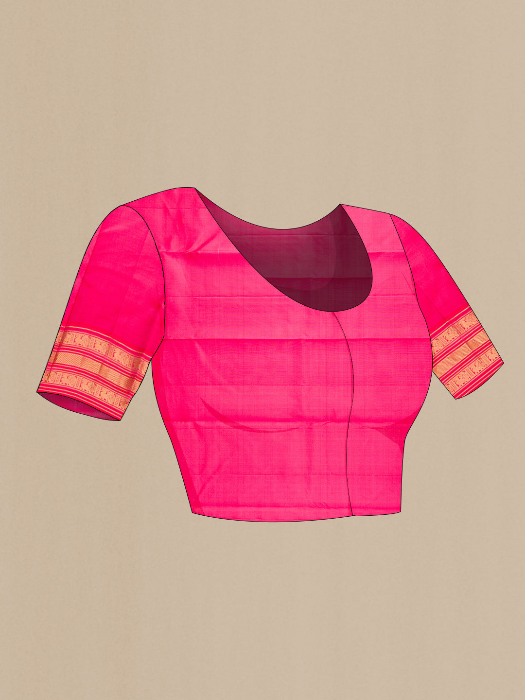 Close up image of the blouse of Rose pink Kanchipuram Silk Saree with Zari Butta on the body and Zari Border. 