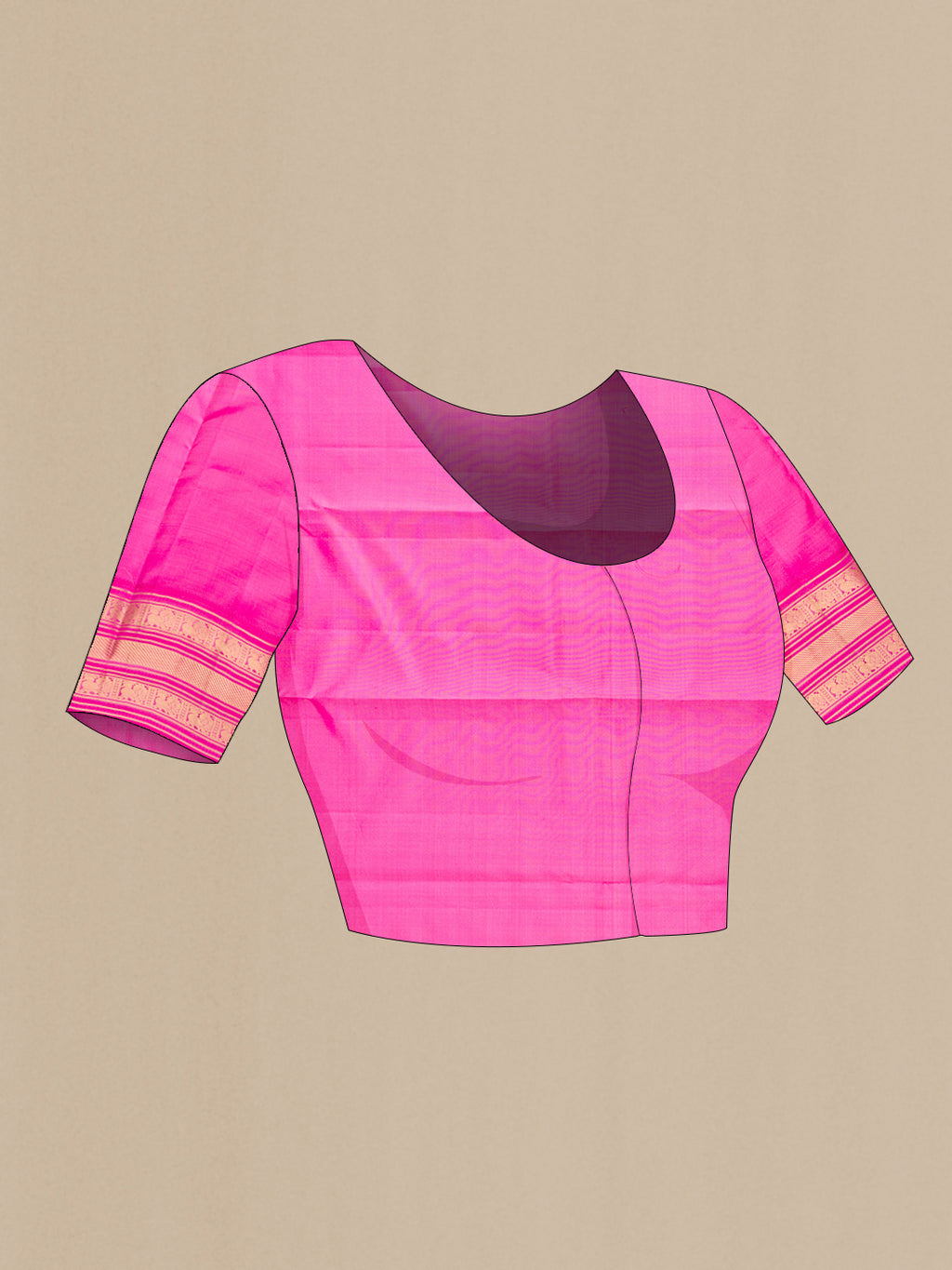Close up image of the blouse of Pink Kanchipuram Silk Saree with Zari Butta on the body and Zari Border. 