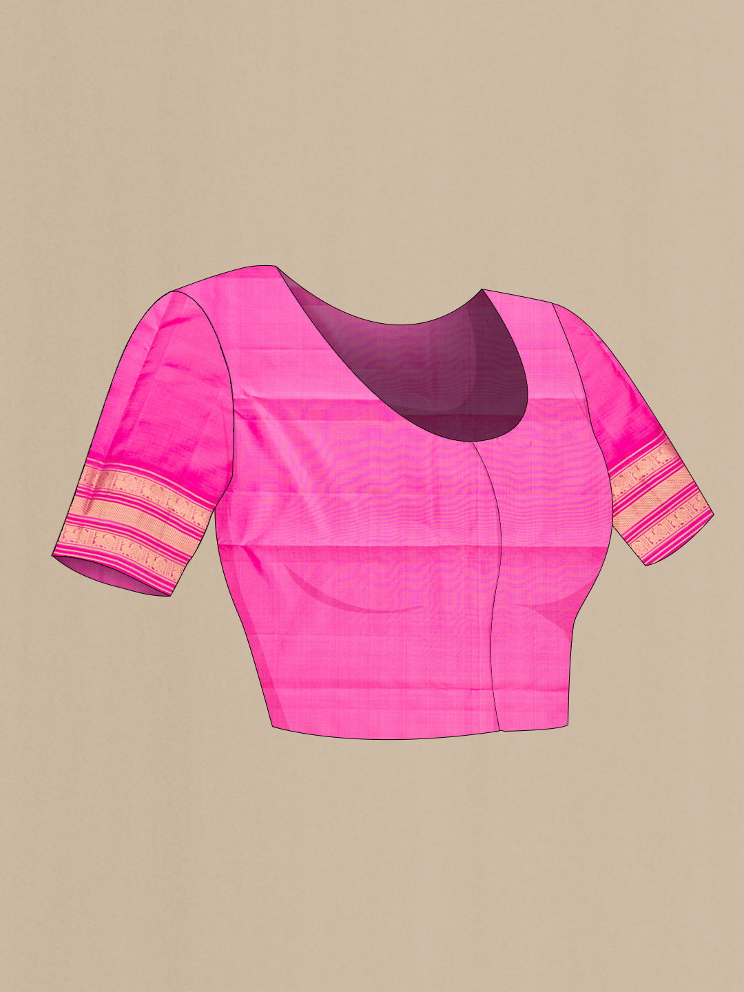 Close up image of the blouse of Pink Kanchipuram Silk Saree with Zari Butta on the body and Zari Border. 