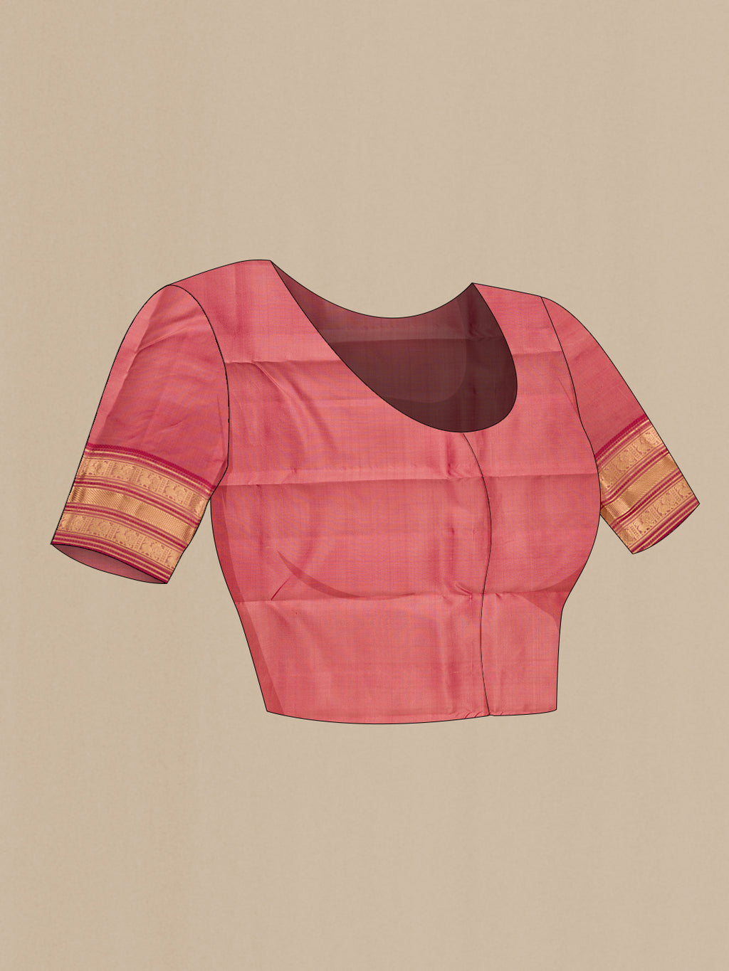 Close up image of the blouse of Beige Kanchipuram Silk Saree with Zari Butta on the body and Zari Border. 