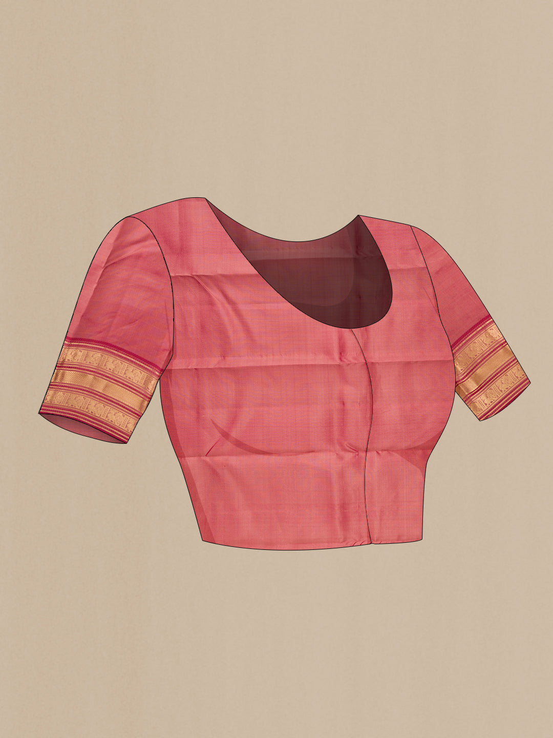 Close up image of the blouse of Beige Kanchipuram Silk Saree with Zari Butta on the body and Zari Border. 