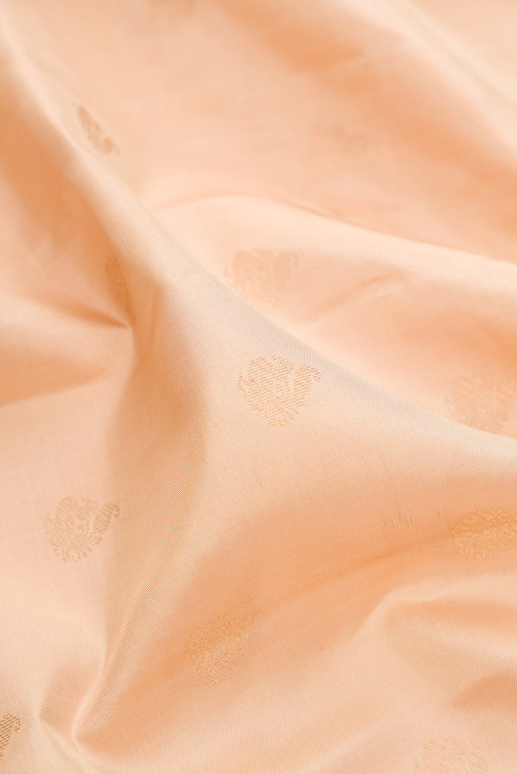 Close up of Beige Kanchipuram Silk Saree with Zari Butta on the body and Zari Border.  displaying folds