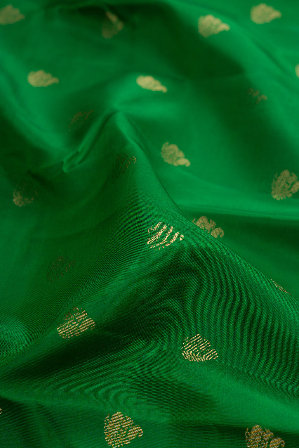 Close up of Green Kanchipuram Silk Saree with Zari Butta on the body and Zari Border.  displaying folds