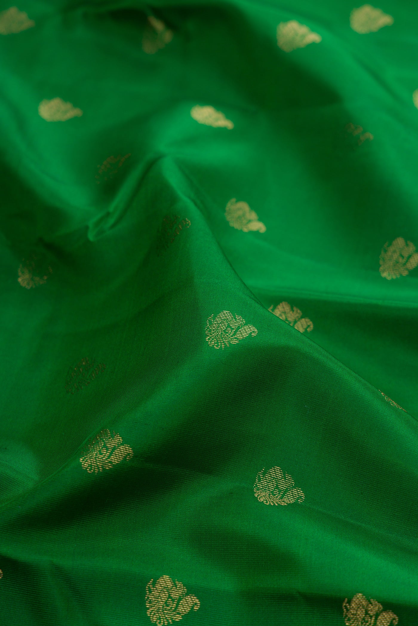 Close up of Green Kanchipuram Silk Saree with Zari Butta on the body and Zari Border.  displaying folds