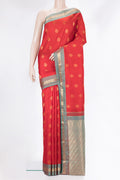 Pure Silk Red Kanchipuram Saree with Zari Butta on the body and Zari Border.  displayed on a mannequin