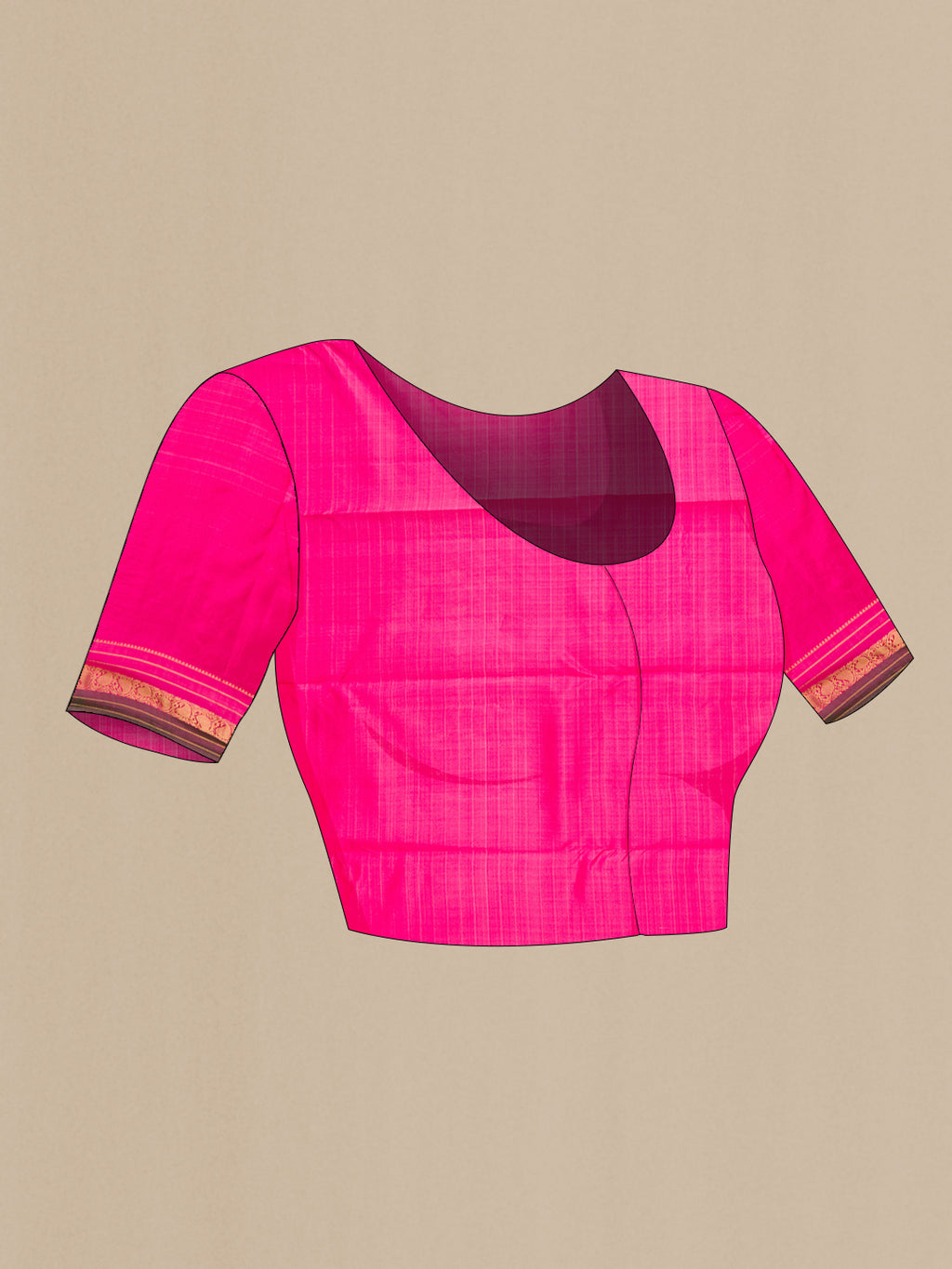 Close up image of the blouse of Pink Kanchipuram Silk Saree with Zari Butta on the body and Zari Border. 