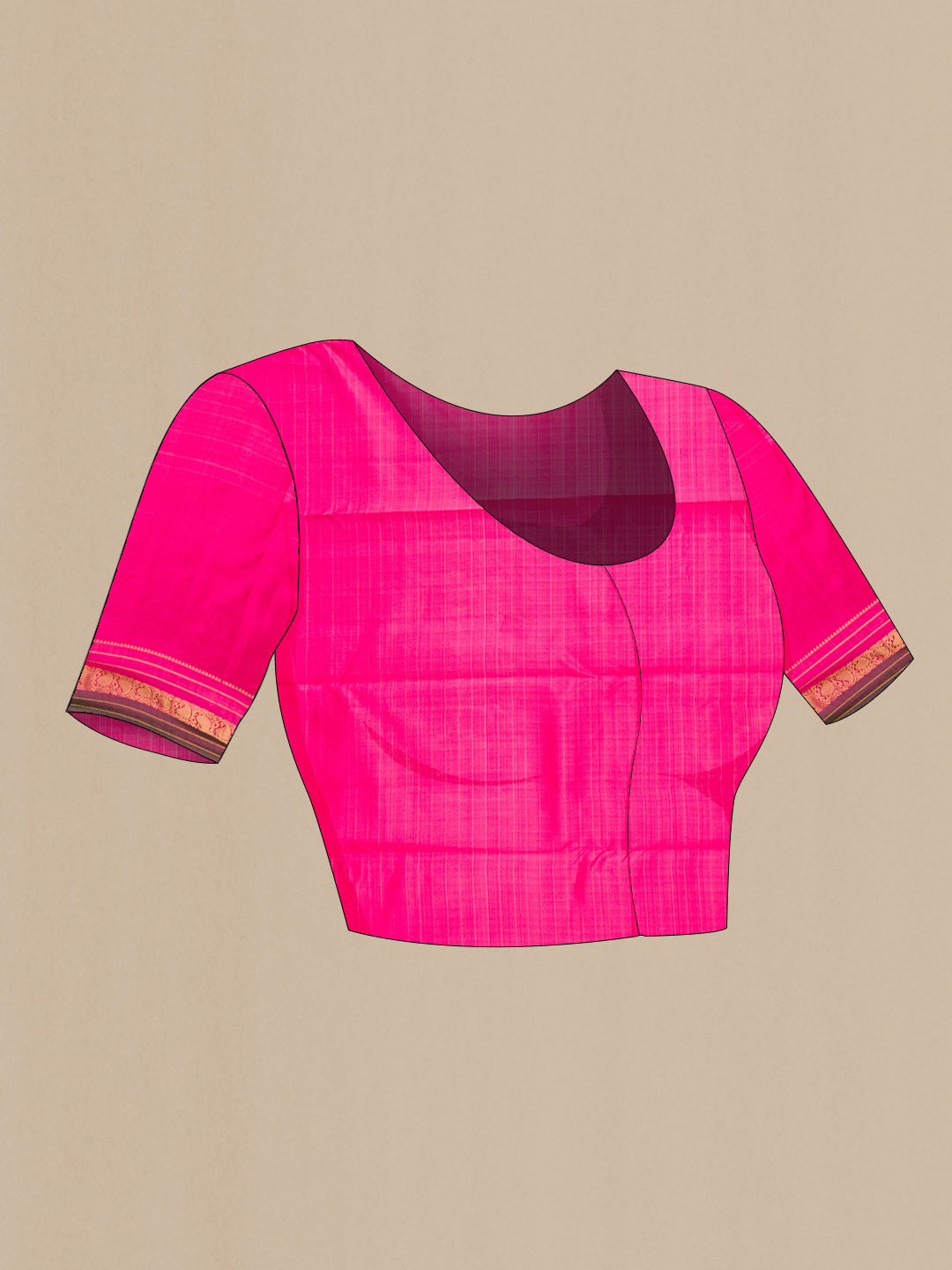 Close up image of the blouse of Pink Kanchipuram Silk Saree with Zari Butta on the body and Zari Border. 