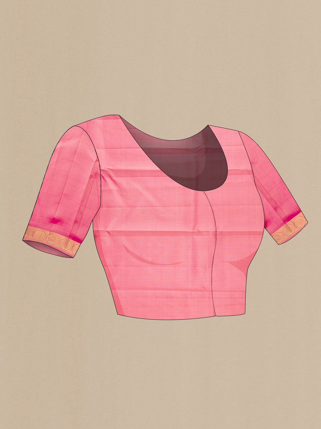 Close up image of the blouse of Beige Kanchipuram Silk Saree with Zari Butta on the body and Zari Border. 